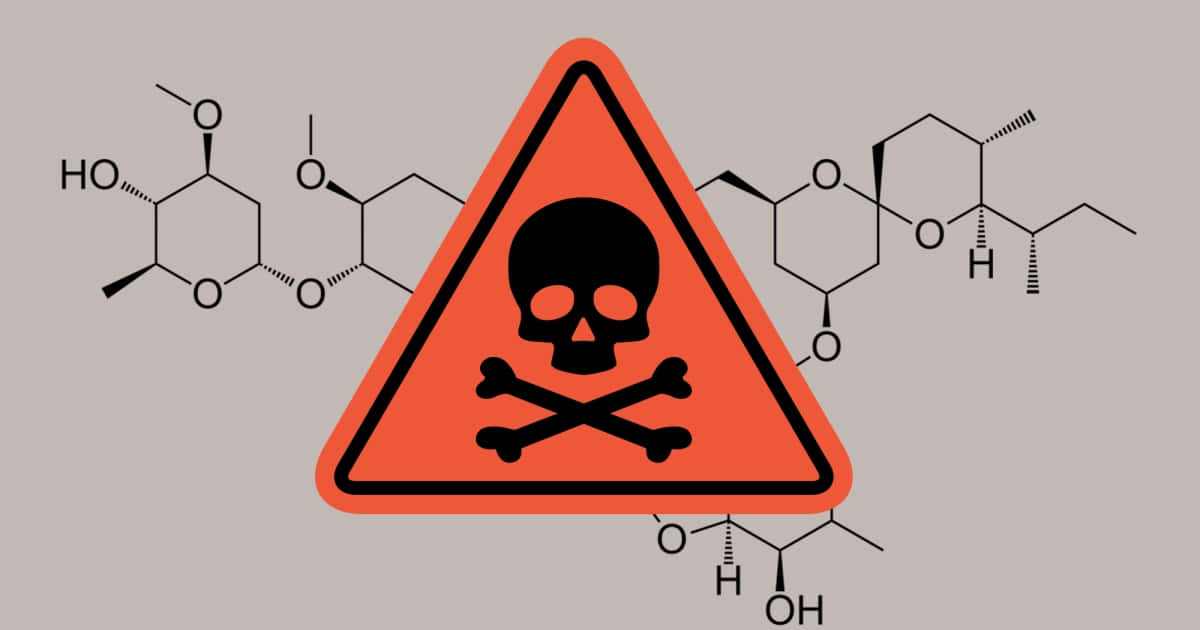 Poisoning 桌布 壁紙 — 一個大膽的橙色危險符號，中央有一個骷髏頭和交叉骨，背景是複雜的化學分子結構。