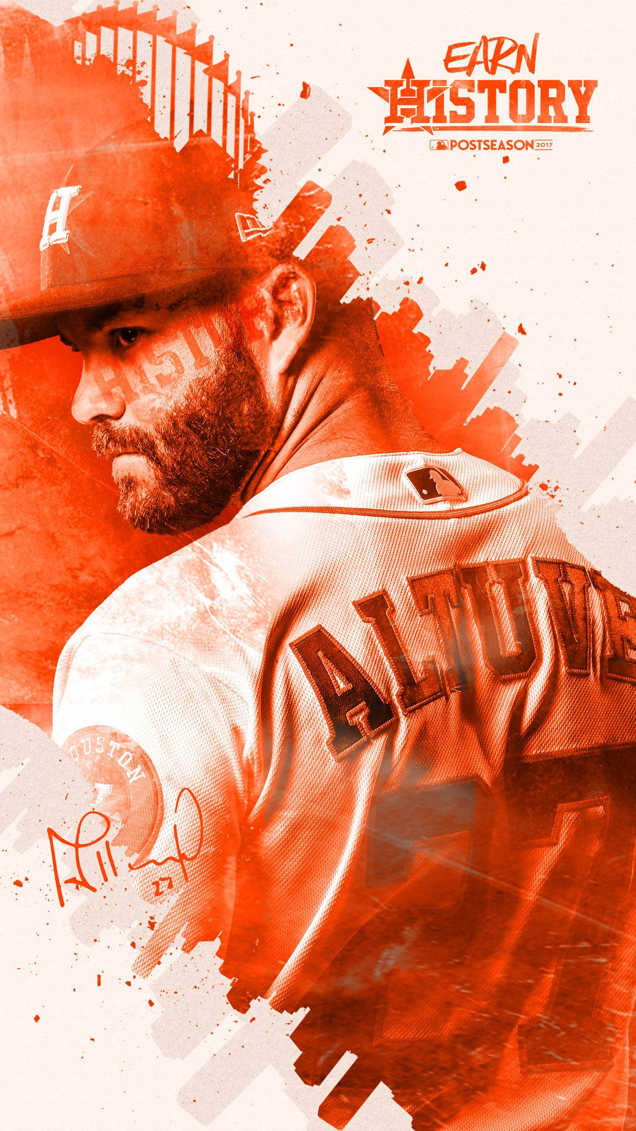 Astros 桌布 壁紙 — 一個大膽的橙色和白色風格化肖像，描繪棒球選手荷西·奧圖維身穿休士頓太空人球衣，並帶有 'EARN HISTORY' 文字。