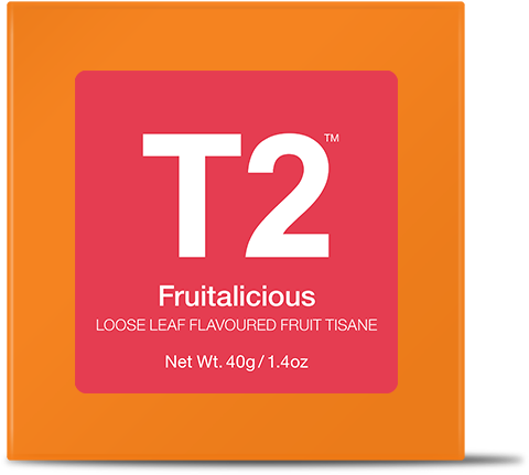 墨爾本 桌布 壁紙 — 一個大膽的橙色和粉紅色 T2 Fruitalicious 茶盒，帶有白色文字，宣傳散裝水果花草茶。