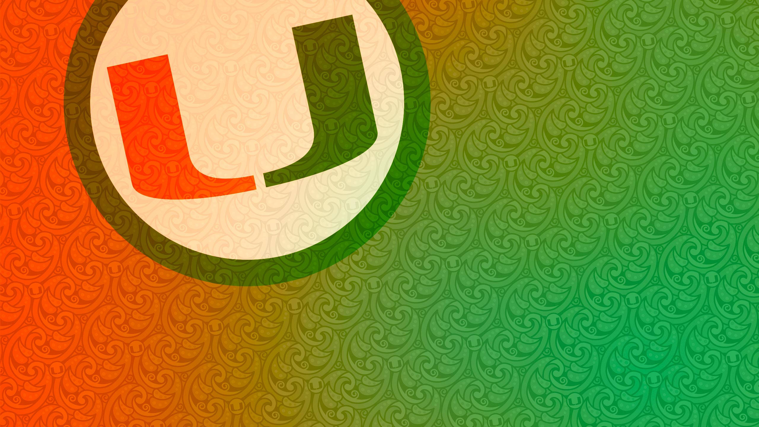 標誌 桌布 壁紙 — 一個大膽的橙色和綠色 'U' 標誌，置於從橙色漸變到綠色的漩渦圖案背景中央。