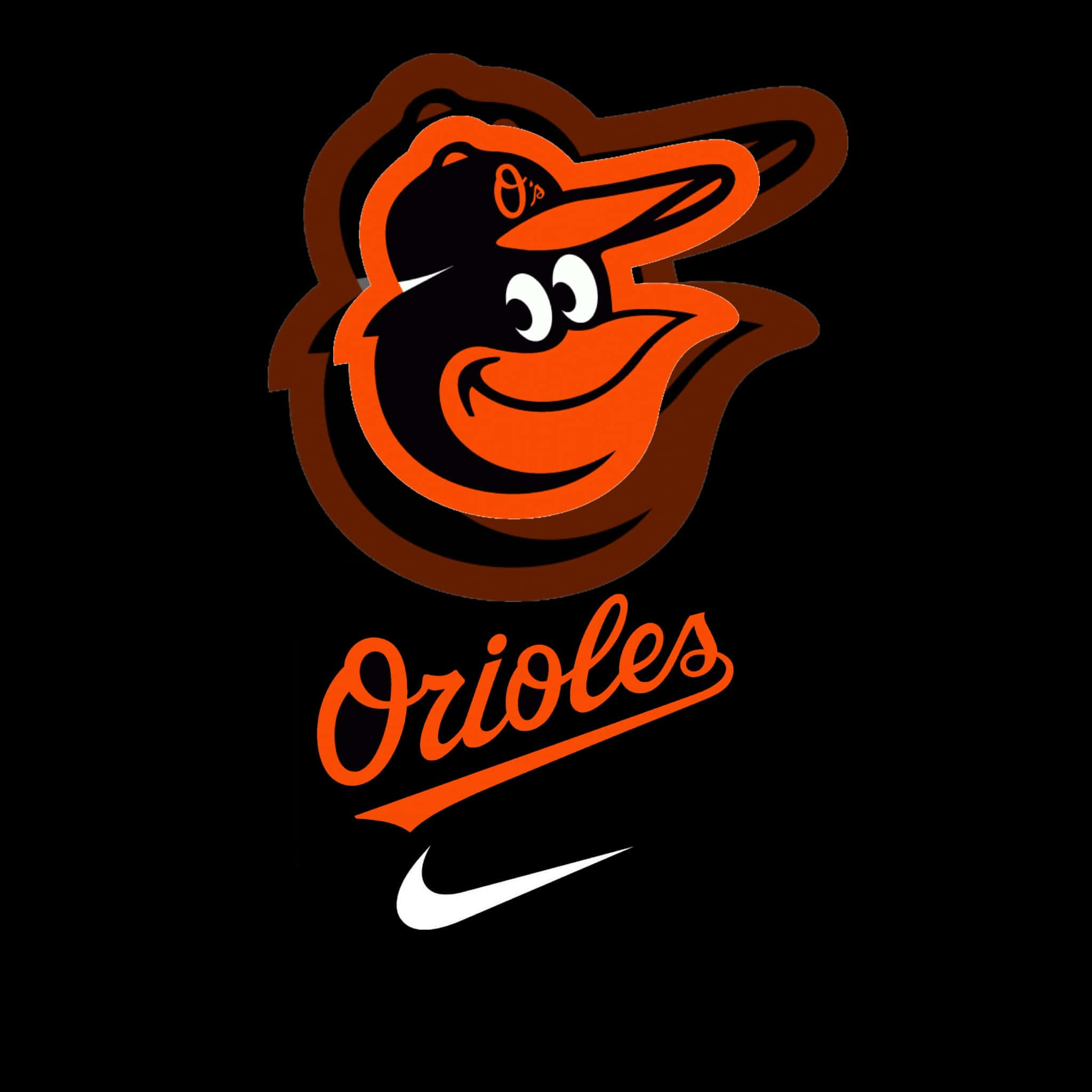 MLB Teams 桌布 壁紙 — 一個大膽的橙色和黑色卡通金鶯吉祥物，戴著一頂帶有「O's」標誌和下方「Orioles」字樣的帽子，背景為黑色。