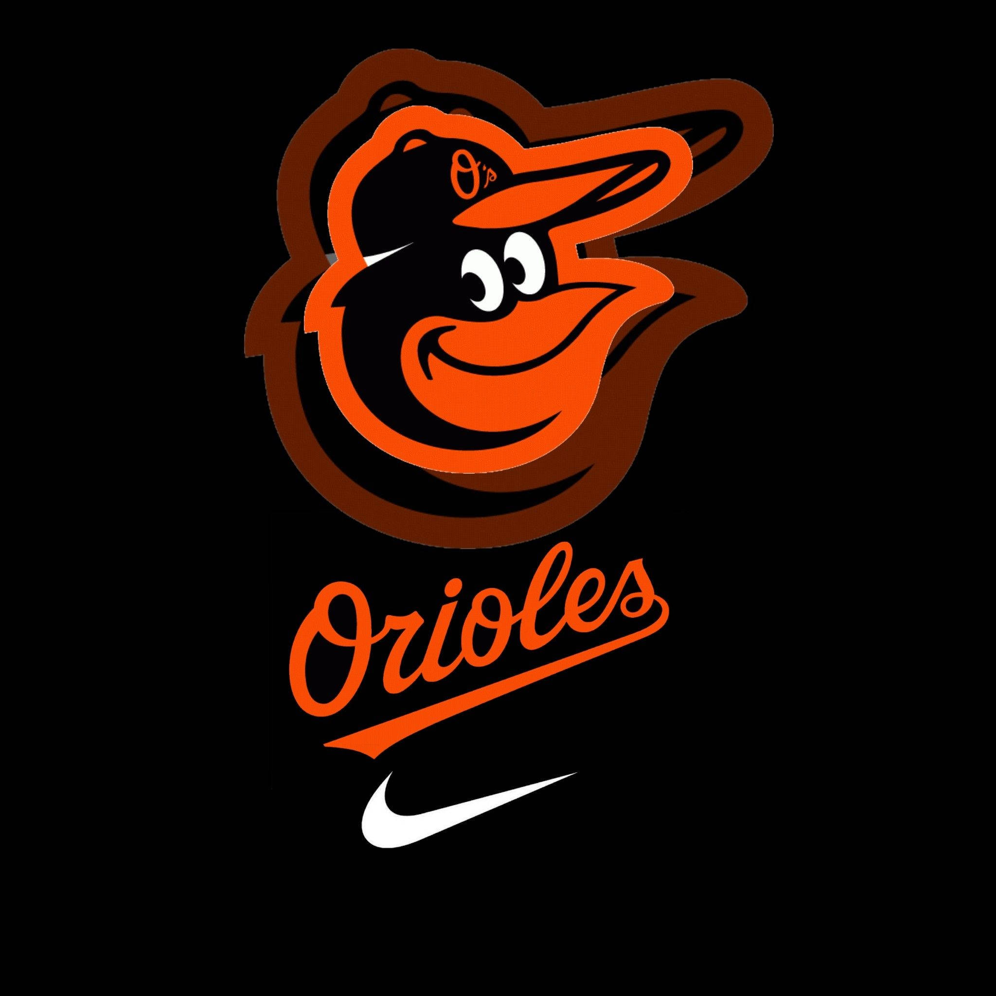 Orioles 桌布 壁紙 — 一個大膽的橙色和黑色卡通金鶯吉祥物，戴著一頂帶有'O'標誌和下方'Orioles'字樣的帽子，背景為黑色。