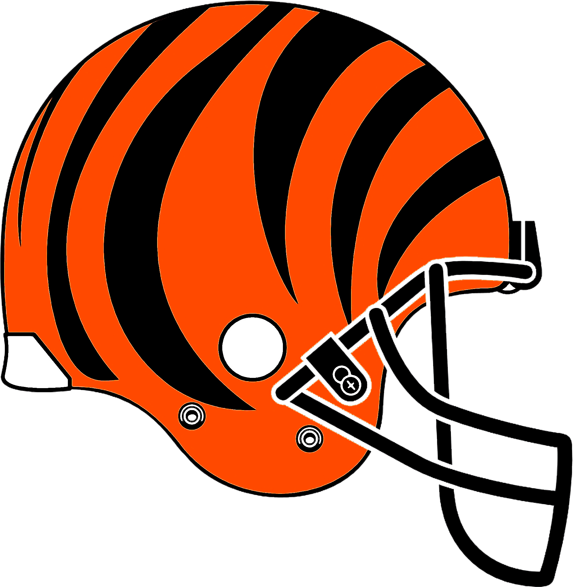 Cincinnati Bengals Logo 桌布 壁紙 — 一個大膽的橙色和黑色條紋美式足球頭盔，帶有白色面罩和下巴帶，背景為黑色。