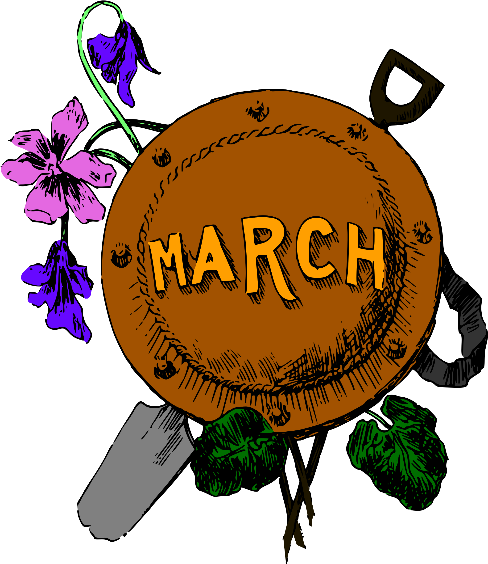 Clip Art 桌布 壁紙 — 一個大膽的橙色圓形標誌，上面有黃色字母MARCH，周圍環繞著風格化的紫色和綠色花朵，背景為黑色。