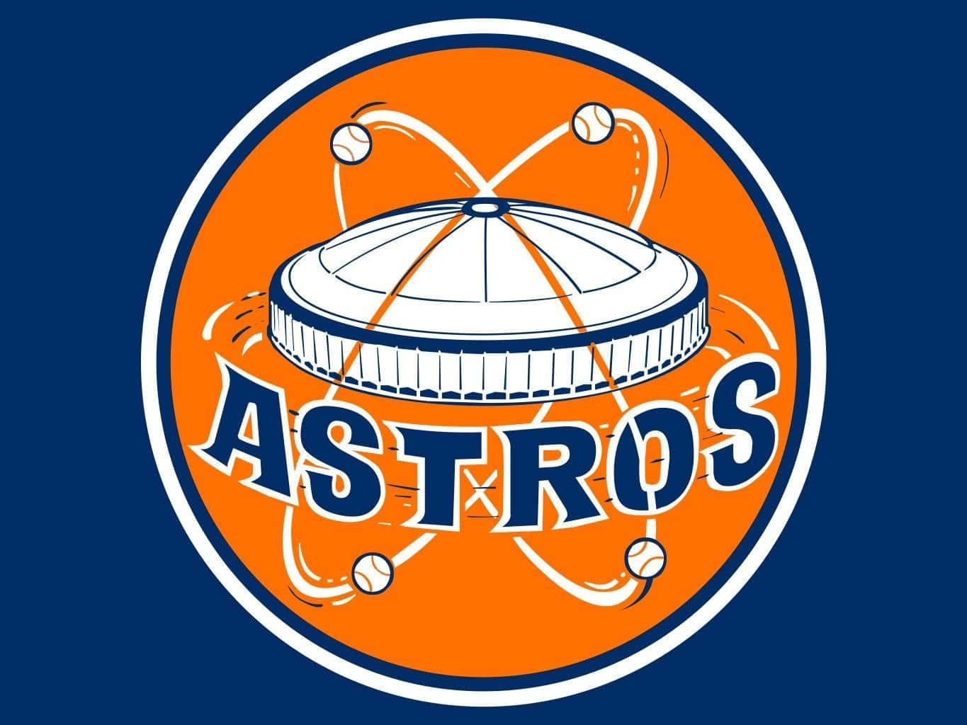 Astros 桌布 壁紙 — 一個大膽的橙色圓形標誌，帶有白色棒球帽和四個圍繞它運行的棒球，背景為海軍藍色。