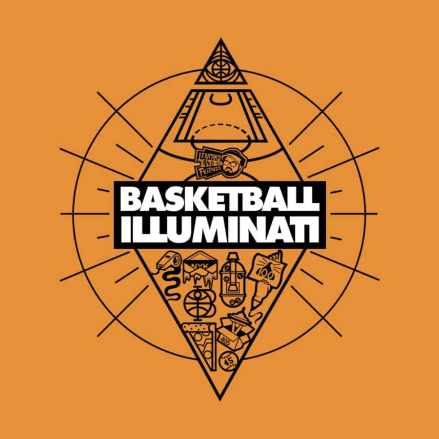 illuminati 桌布 壁紙 — 一個大膽的橙色圖案，以金字塔配籃球框為特色，並有 'BASKETBALL ILLUMINATI' 文字，周圍環繞著運動和小吃圖標。