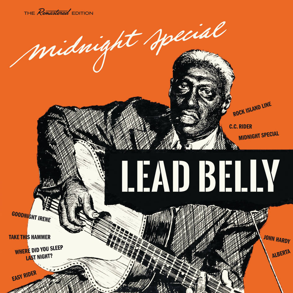 Album Cover 桌布 壁紙 — 一個大膽的橙色專輯封面，以黑白插圖描繪 Lead Belly 彈吉他，周圍散落著歌曲標題。