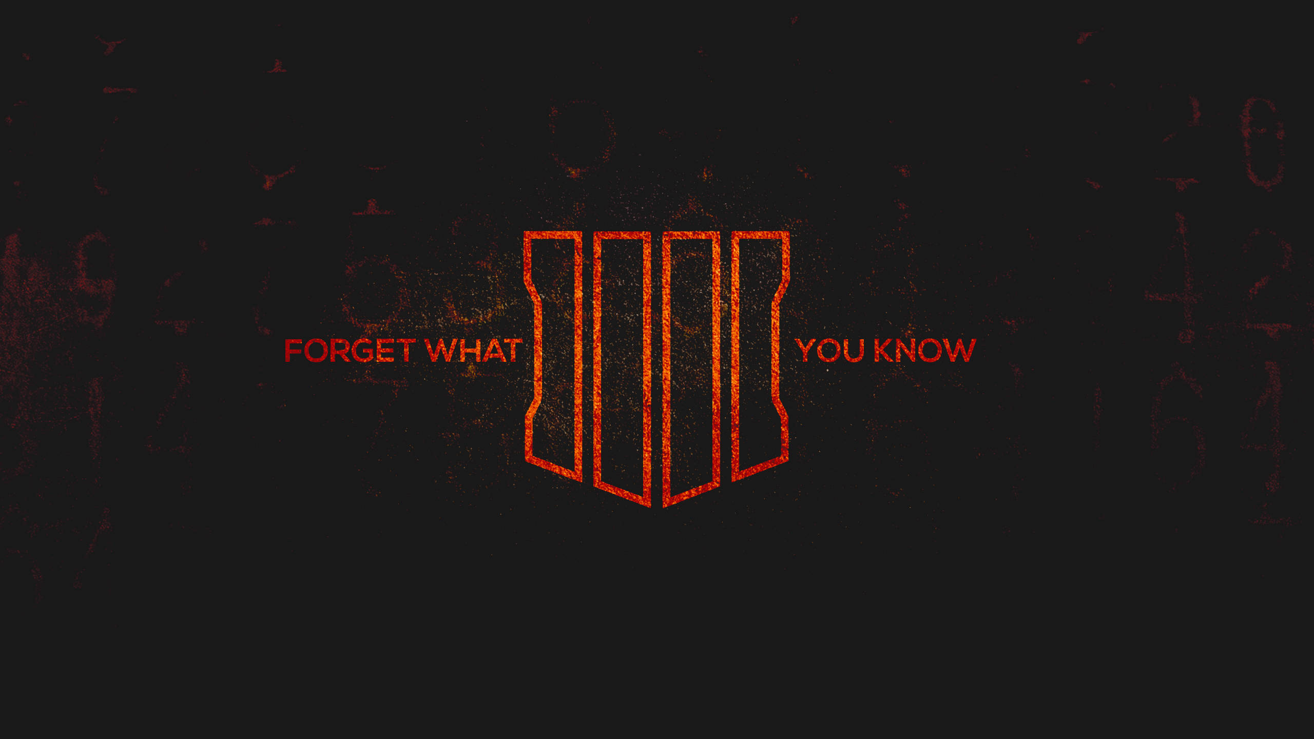 電玩遊戲 桌布 壁紙 — 一個大膽的橙色幾何標誌，帶有文字「FORGET WHAT YOU KNOW」，在帶有微弱數學符號的深色紋理背景上發光。