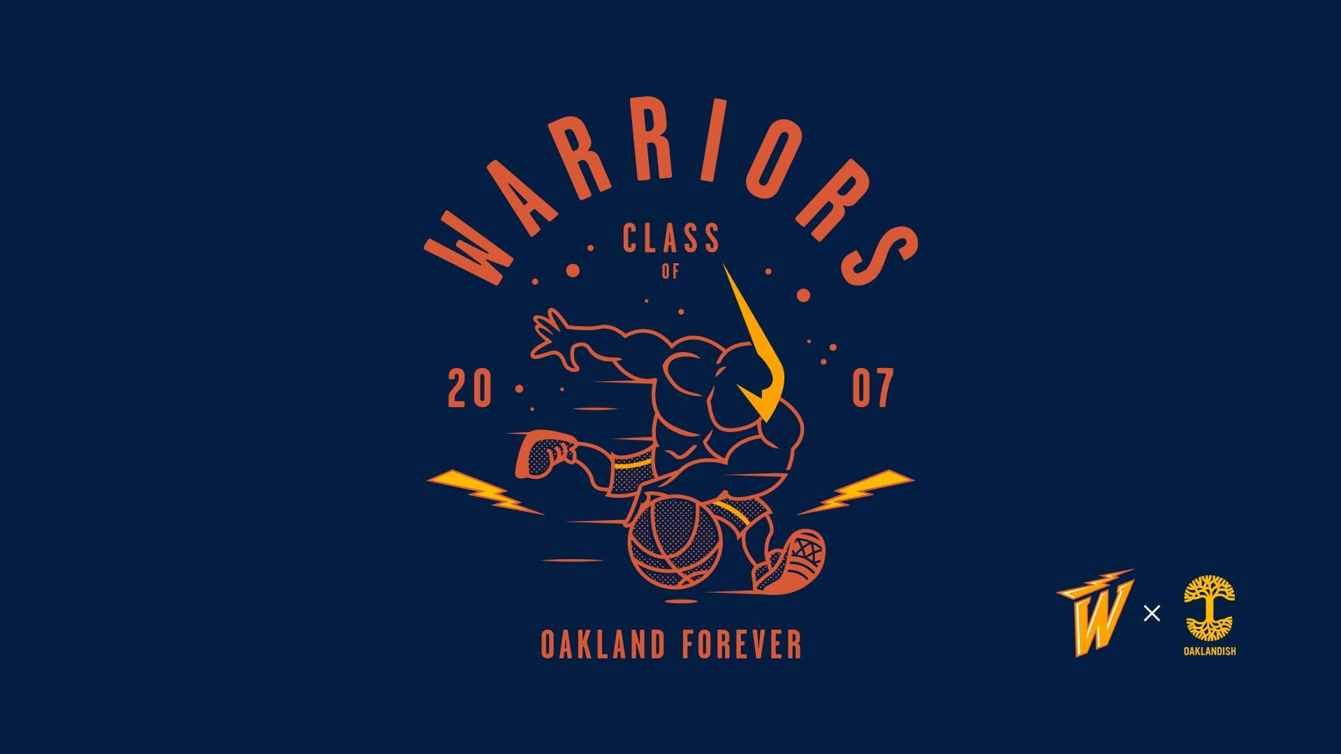 Warriors 桌布 壁紙 — 一個大膽的橙色線條藝術插圖，描繪一名籃球運動員在海軍藍背景上灌籃，並帶有 'Warriors Class of 2007 Oakland Forever' 文字。