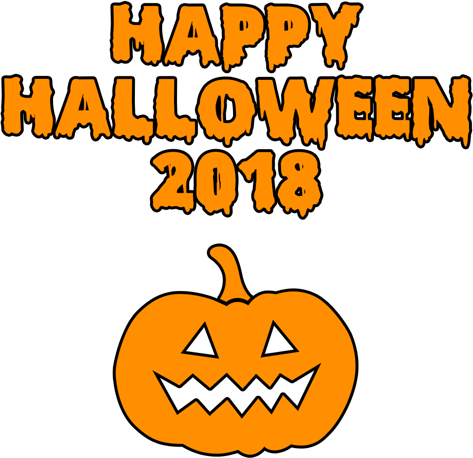 Pumpkin Halloween 桌布 壁紙 — 一個大膽的橙色萬聖節南瓜，帶有鋸齒狀的笑容，位於滴落的「HAPPY HALLOWEEN 2018」文字下方，背景為純黑色。