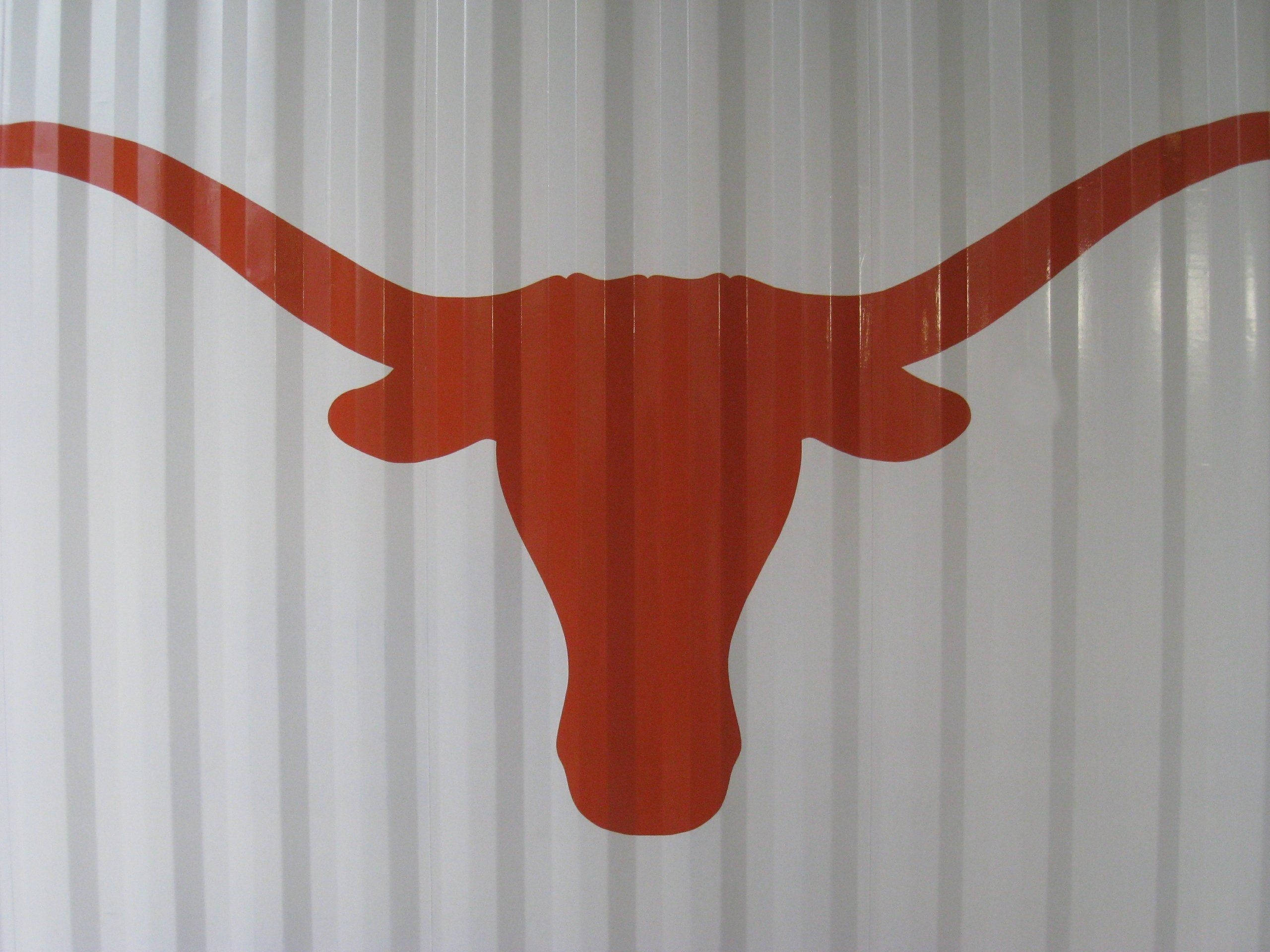 Texas Longhorn 桌布 壁紙 — 一個大膽的橙色長角牛剪影在帶有垂直條紋的白色波紋金屬表面上脫穎而出。