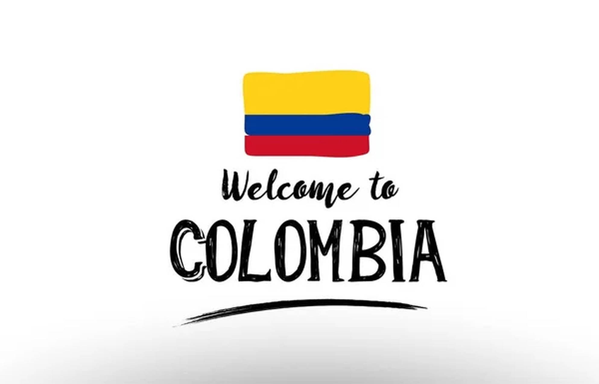 Colombia 桌布 壁紙 — 一個大膽的歡迎標誌，帶有哥倫比亞國旗和風格化文字，背景為乾淨的白色。