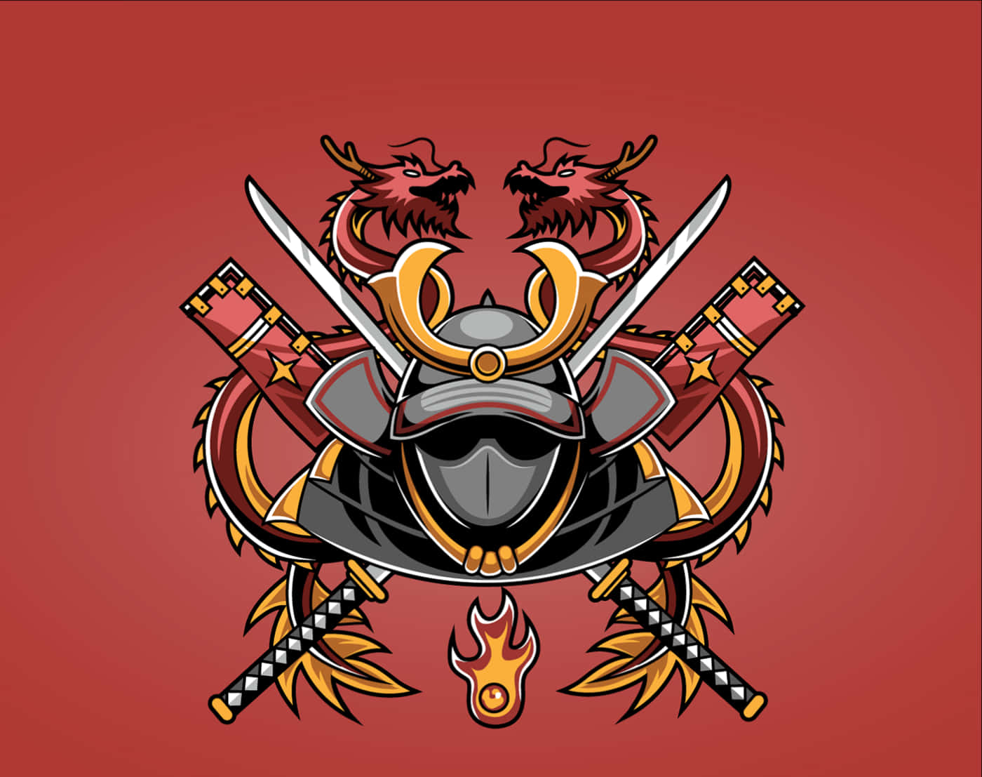 Xbox 桌布 壁紙 — 一個大膽的武士頭盔，兩側有兩條紅龍和交叉的劍，並在深紅色背景上帶有火焰裝飾。