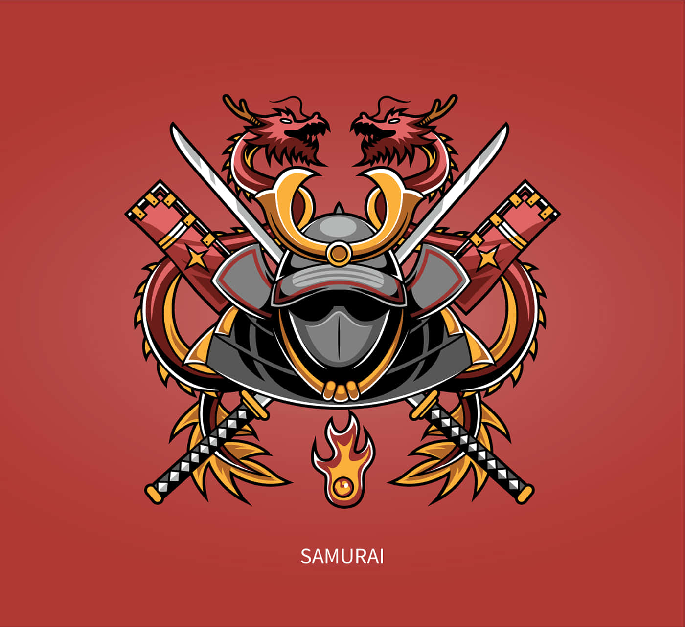 武士頭盔，帶有交叉的劍和紅龍，背景為紅色。 — 武士動畫 壁紙