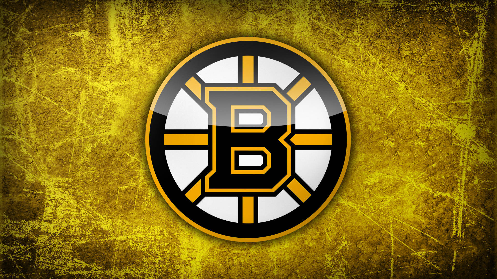bruins 桌布 壁紙 — 一個大膽的波士頓棕熊隊標誌，帶有黑色、黃色和白色條紋，居中在一個有紋理的金黃色刮痕背景上。