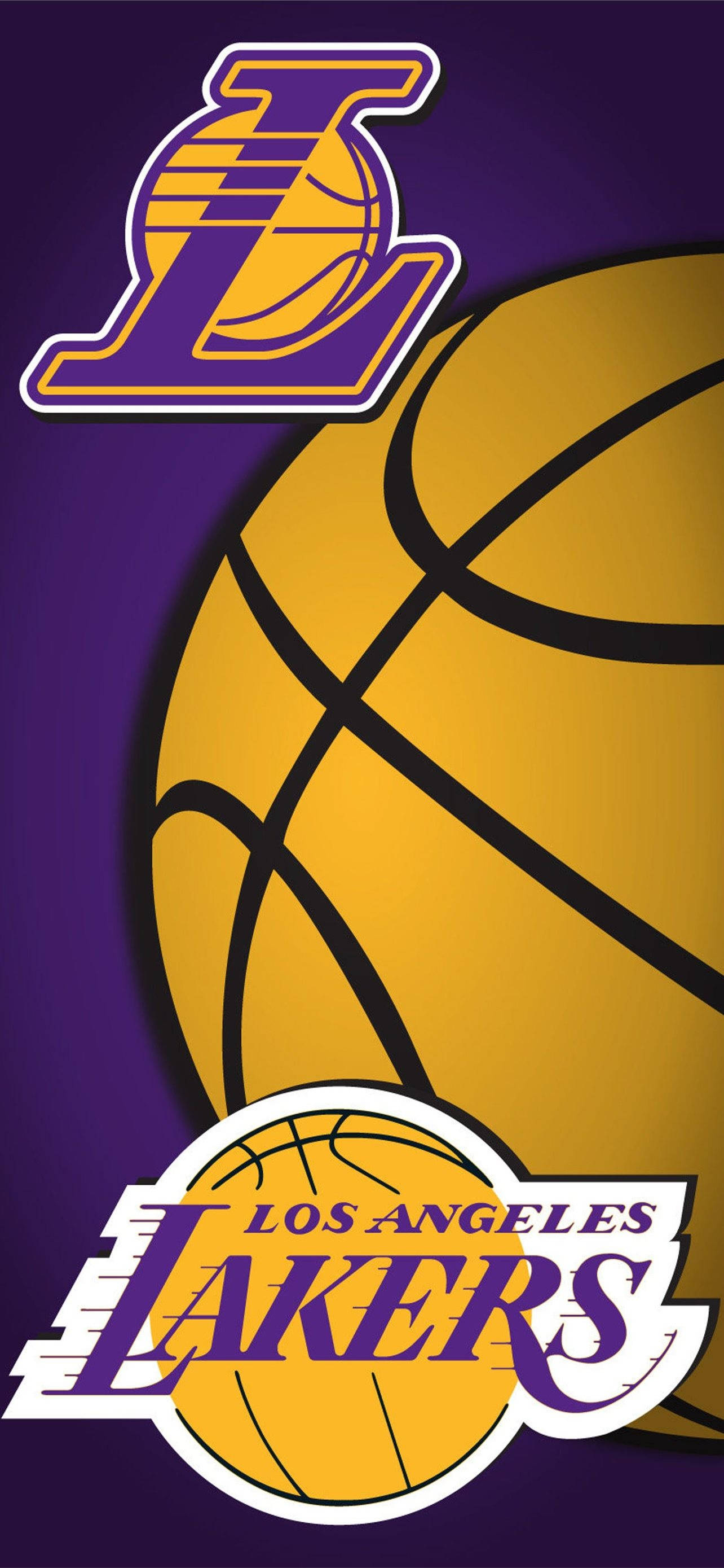 Lakers iPhone 桌布 壁紙 — 一個大膽的洛杉磯湖人隊標誌和籃球主導了深紫色背景，配以鮮豔的黃色點綴。