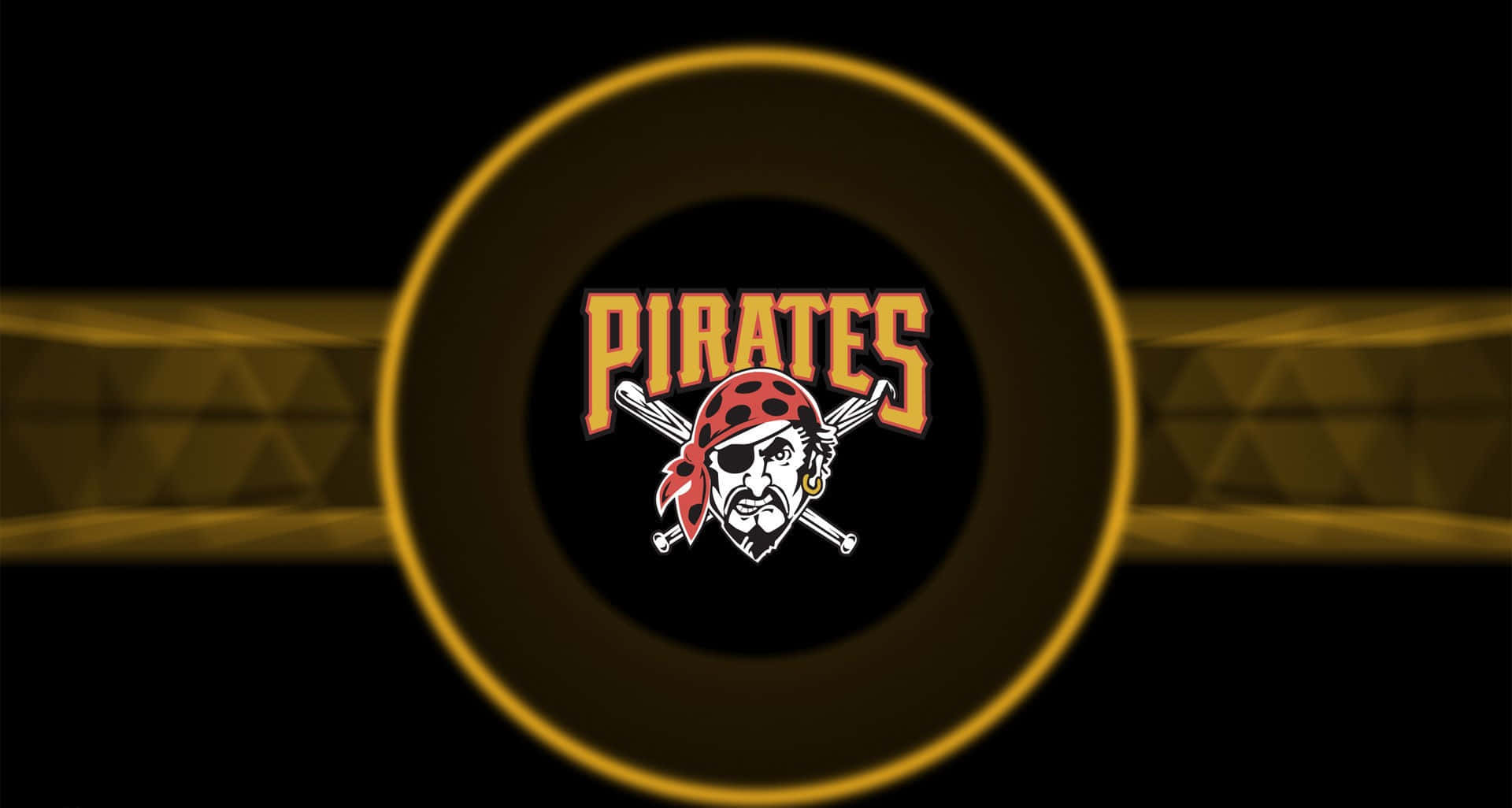 MLB Teams 桌布 壁紙 — 一個大膽的海盜標誌，骷髏頭和交叉的劍在金色圓形框架內發光，背景為深色。