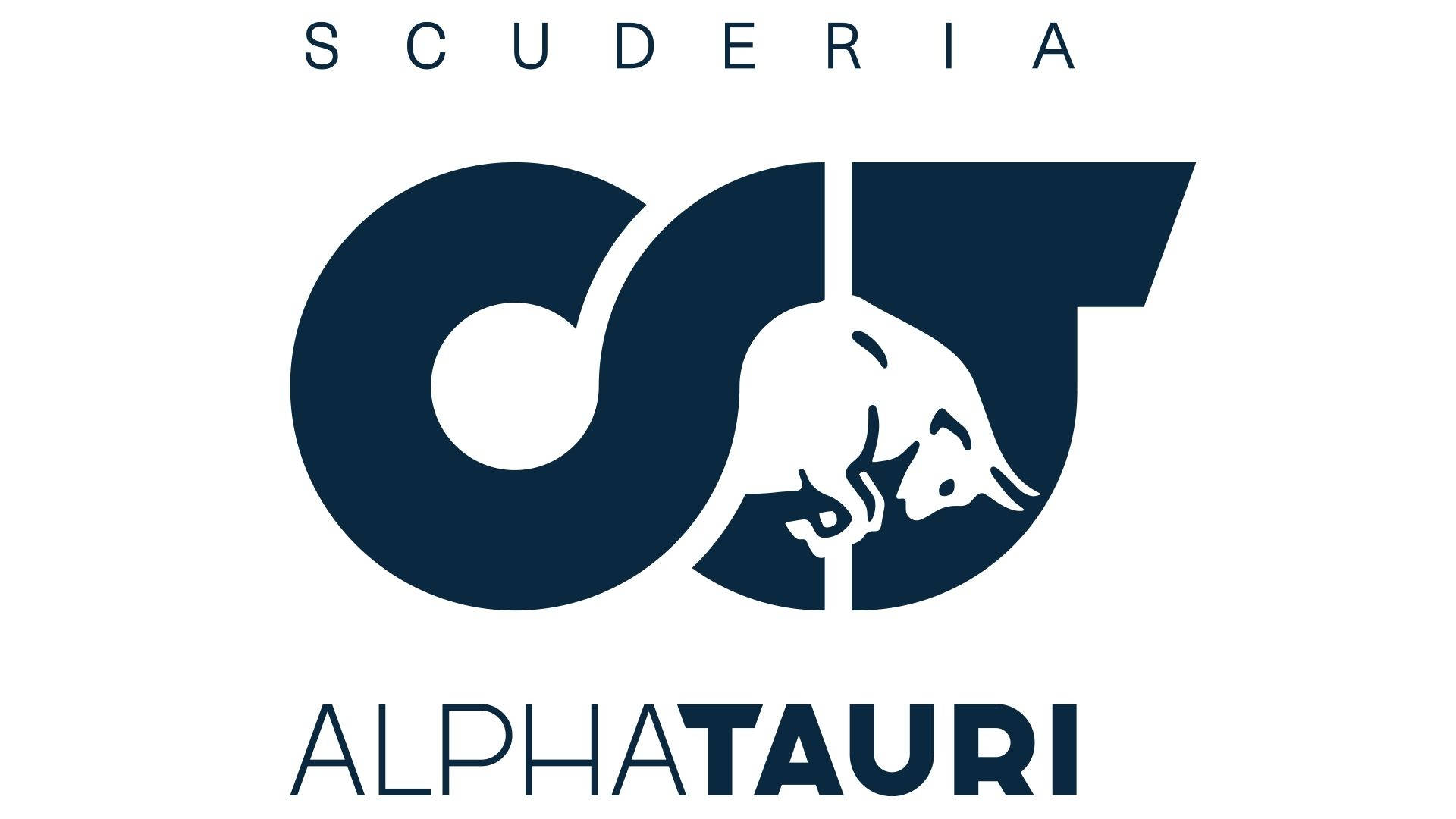 F1 桌布 壁紙 — 一個大膽的海軍藍 Scuderia AlphaTauri 標誌，在現代幾何設計中帶有風格化的公牛頭，置於潔淨的白色背景上。