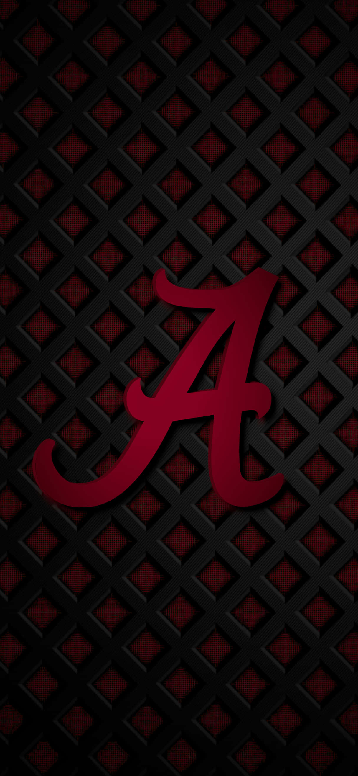 Alabama Football iPhone 桌布 壁紙 — 一個大膽的深紅色草書A在帶有紅色鑽石裝飾的黑色格子背景上脫穎而出。