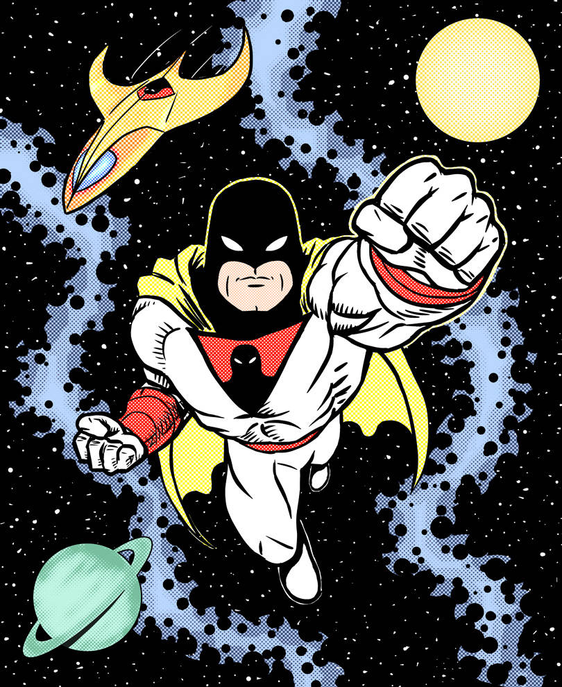 Space Ghost 桌布 壁紙 — 一個大膽的漫畫英雄，身穿白色和黃色戰衣，在星空宇宙中向前揮拳，附近有UFO和行星。