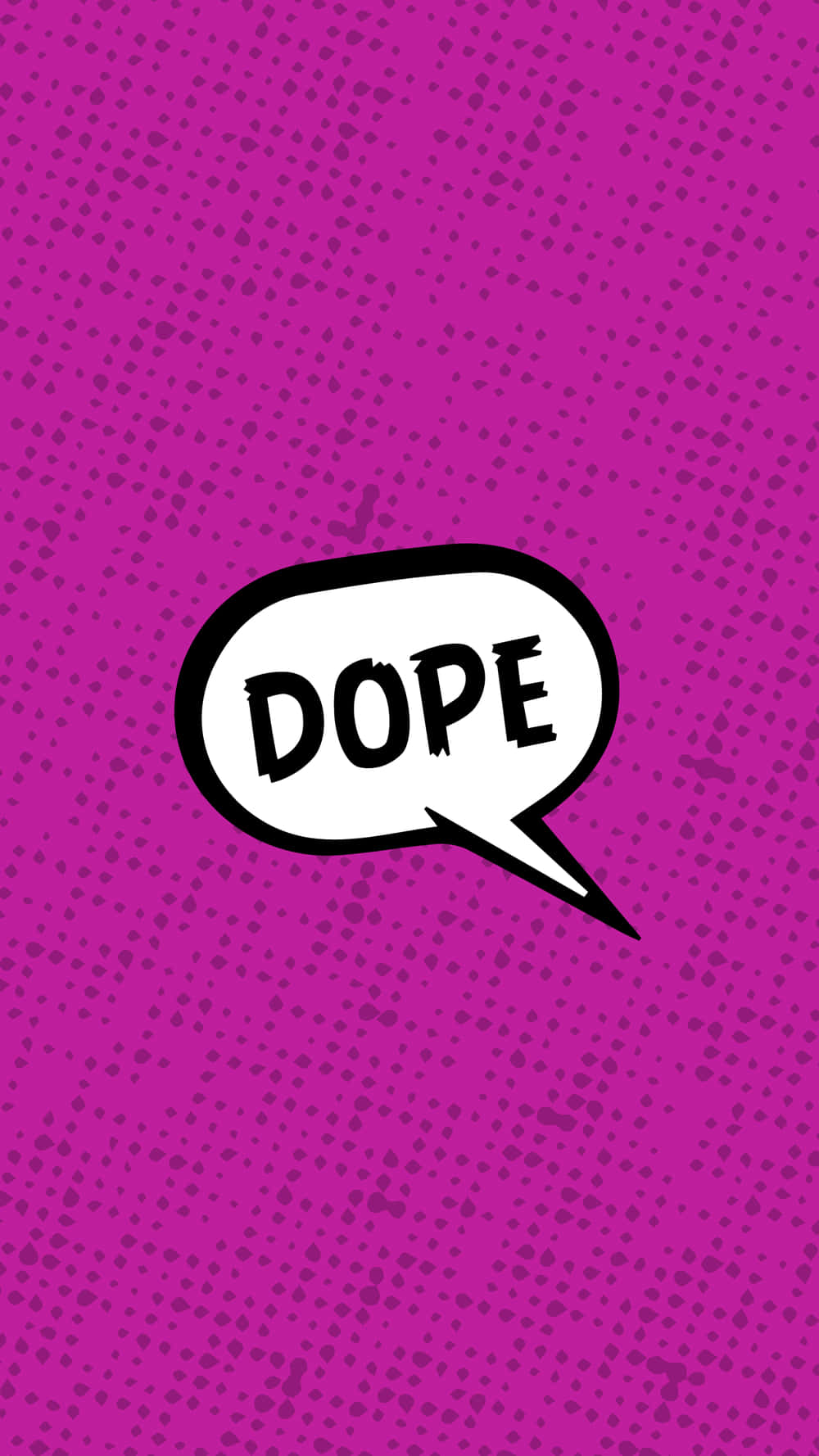 Dope Phone 桌布 壁紙 — 一個大膽的漫畫風格對話框，在充滿活力的紫色半色調背景上，黑色字母寫著「DOPE」。