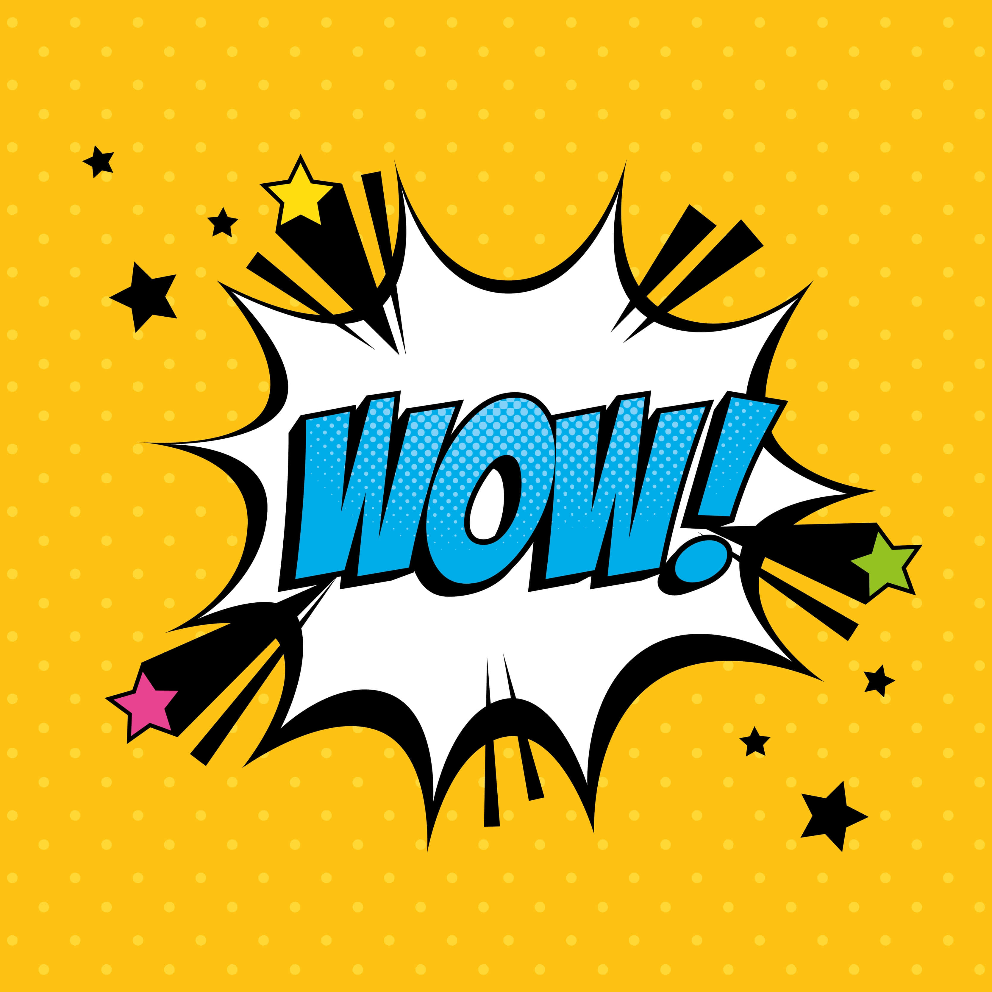 Wow 桌布 壁紙 — 一個大膽的漫畫風格爆炸圖案，藍色文字 'WOW!' 在黃色點點背景上。