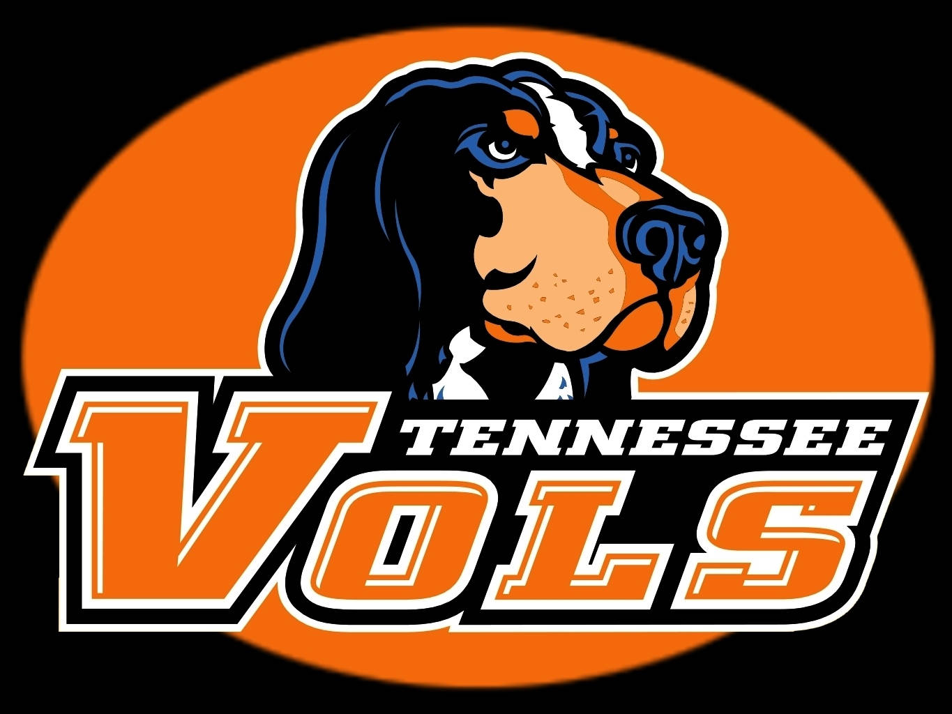 Tennessee 桌布 壁紙 — 一個大膽的田納西志願者隊標誌，以風格化的黑色和橙色狗吉祥物為特色，置於黑色背景上充滿活力的橙色橢圓形中。