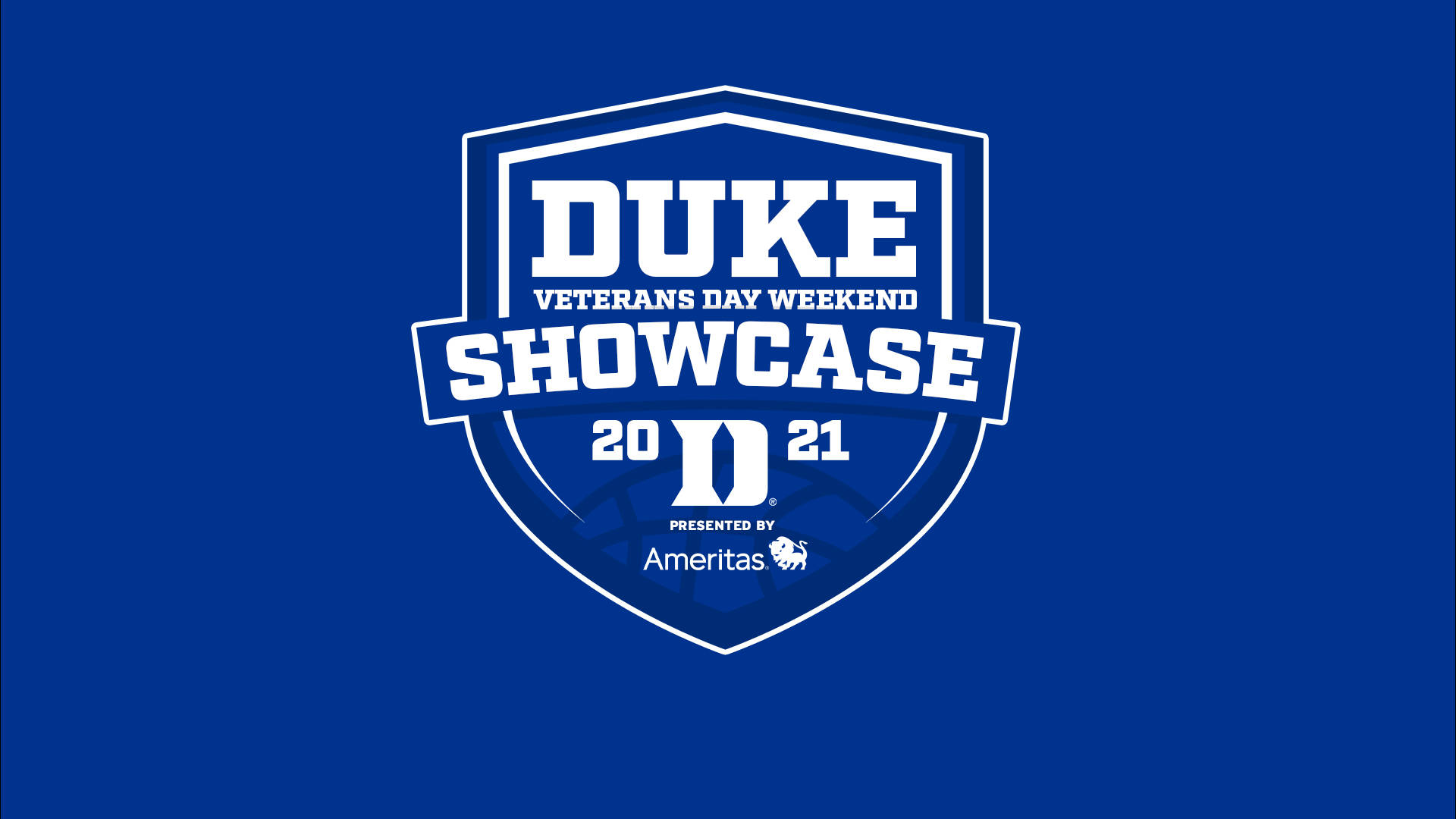 Duke Blue Devils 桌布 壁紙 — 一個大膽的白色 Duke Veterans Day Weekend Showcase 2021 標誌，居中在純皇家藍色背景上。