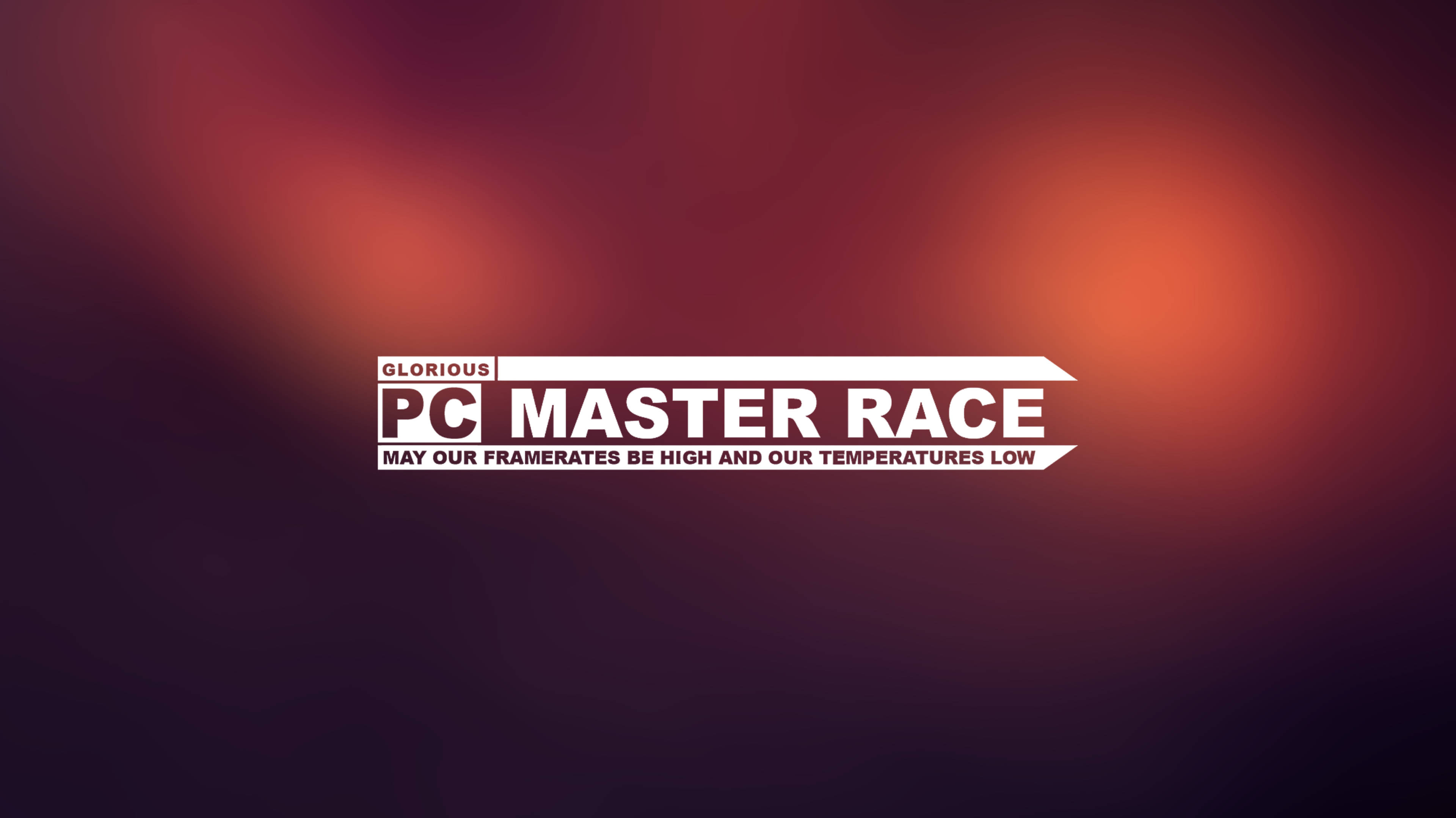 meme 桌布 壁紙 — 一個大膽的白色「PC MASTER RACE」標誌，居中在深紅和紫色的漸變背景上。