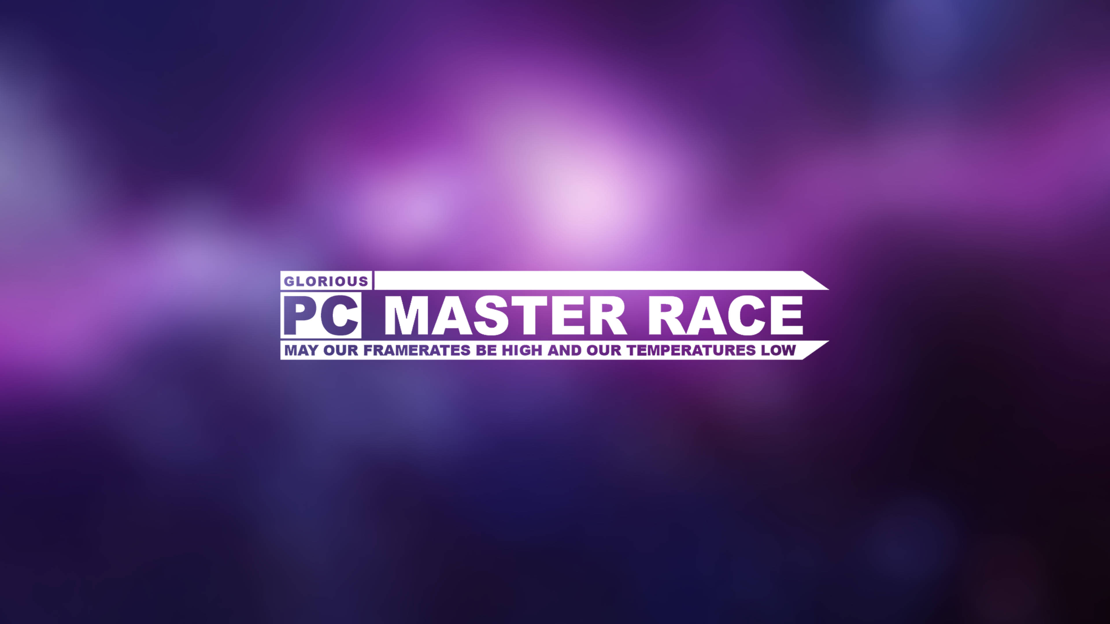 meme 桌布 壁紙 — 一個大膽的白色「PC MASTER RACE」標誌漂浮在柔和的紫色和藍色漸變背景上。