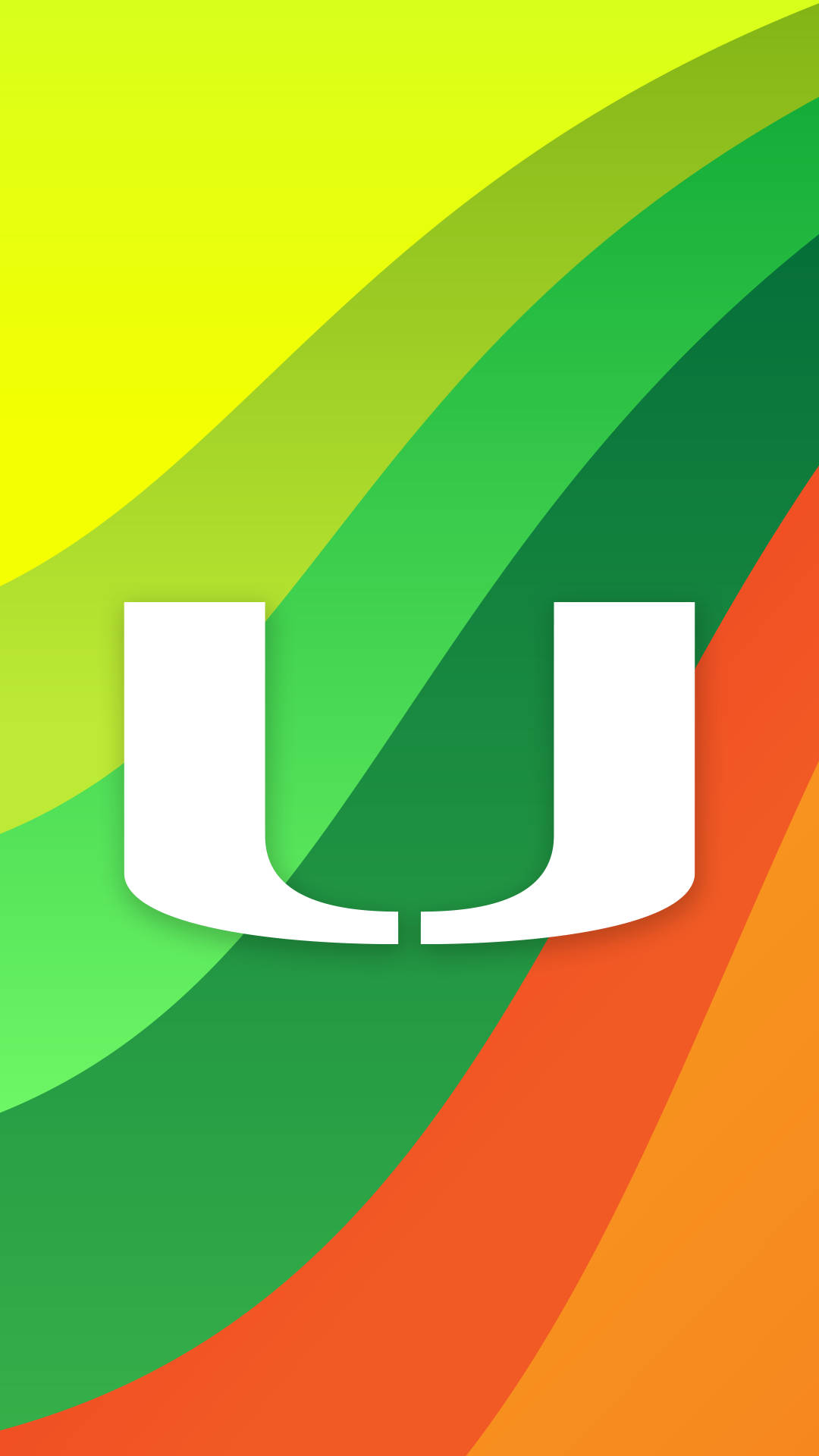 手機 桌布 壁紙 — 一個大膽的白色「U」標誌，居中於充滿活力的黃、綠、橙漸變曲線之上。