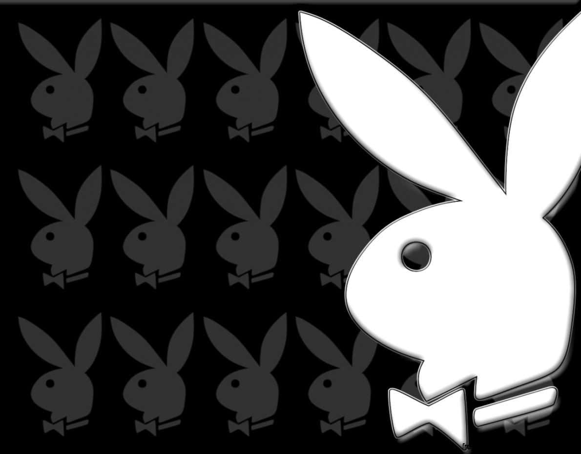 花花公子 桌布 壁紙 — 一個大膽的白色Playboy兔子標誌在充滿重複灰色兔子剪影的黑色背景上突出顯示。