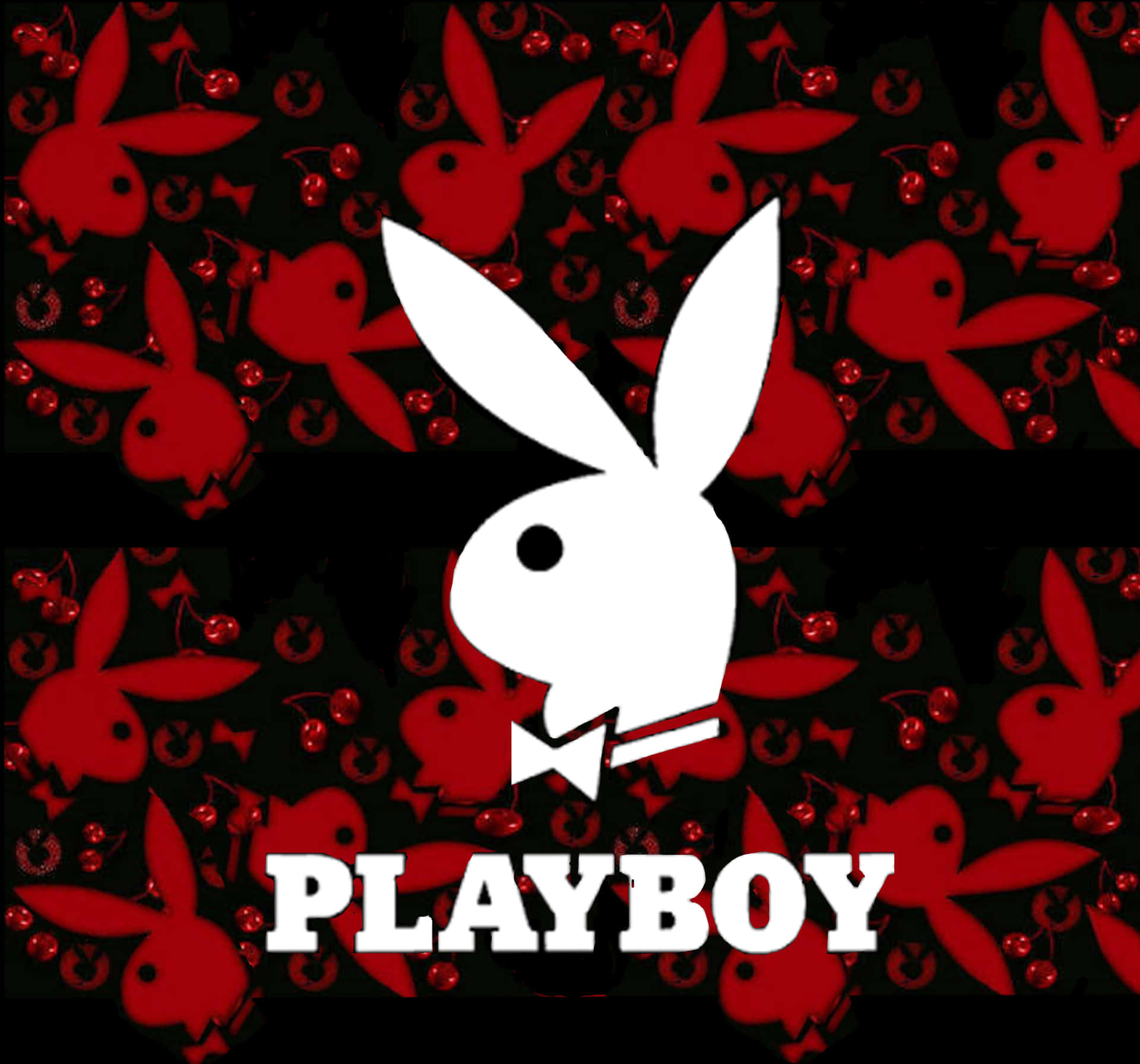 ready playboy 壁紙 — 一個大膽的白色Playboy兔子標誌，帶有蝴蝶結，居中在黑色背景上重複的紅色兔子和櫻桃圖案上。