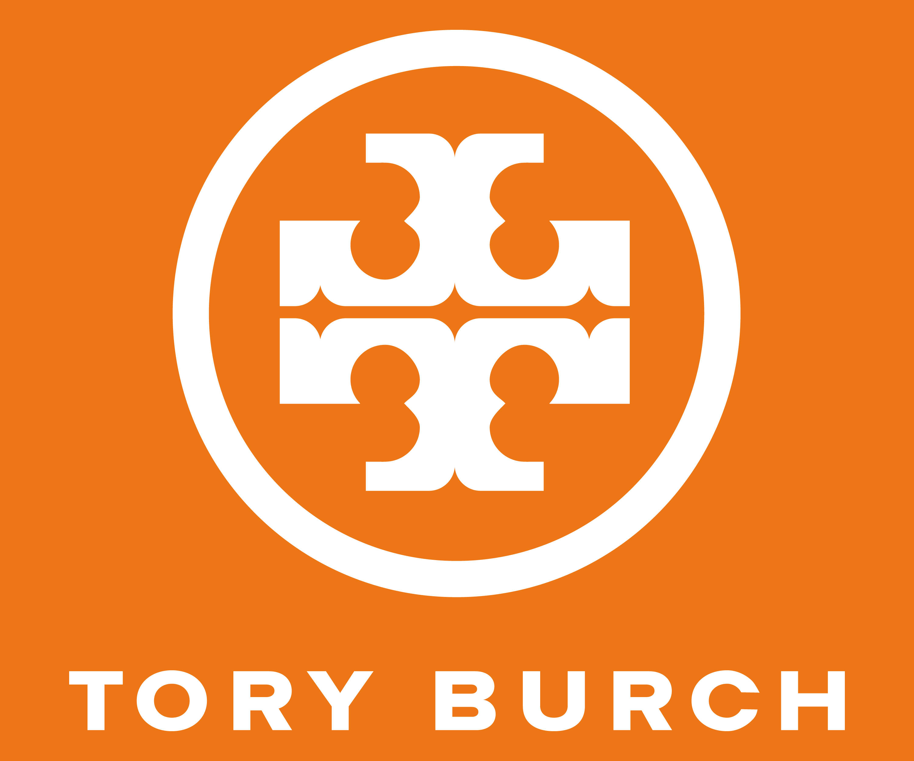 Tory Burch 桌布 壁紙 — 一個大膽的白色Tory Burch標誌居中在充滿活力的橙色背景上，品牌名稱在下方。