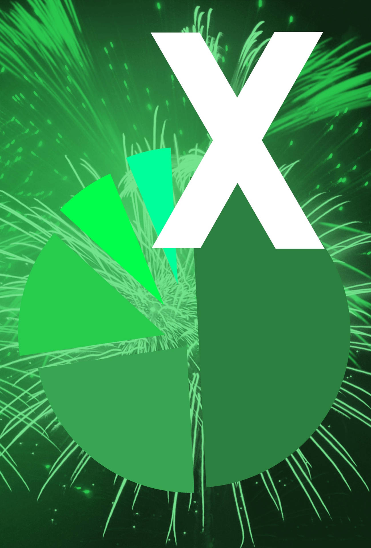 白色X符號位於綠色圓圈上，背景為煙火爆發。 — Microsoft 壁紙