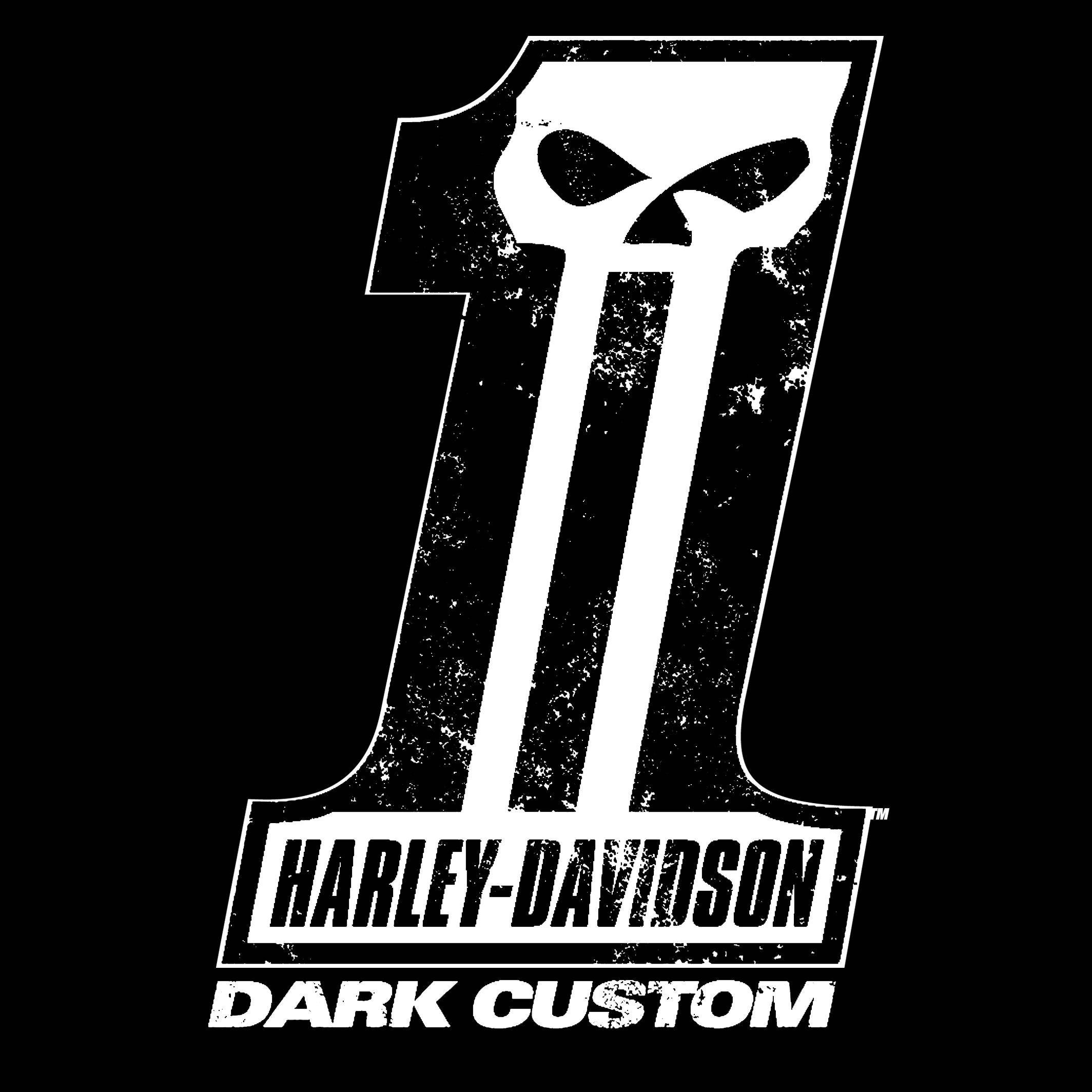 Harley 桌布 壁紙 — 一個大膽的白色做舊數字一標誌，帶有骷髏眼睛和Harley-Davidson Dark Custom文字，背景為黑色。