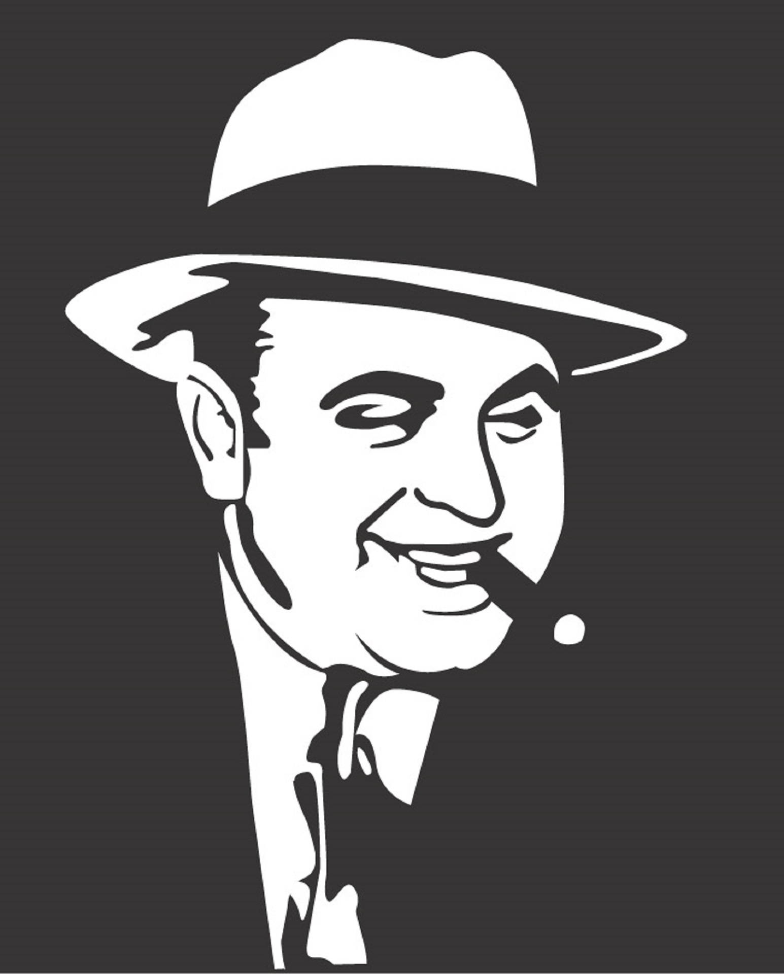 Capone 桌布 壁紙 — 一個大膽的白色剪影，一個微笑的男人戴著軟呢帽和西裝，在深灰色背景上拿著雪茄。
