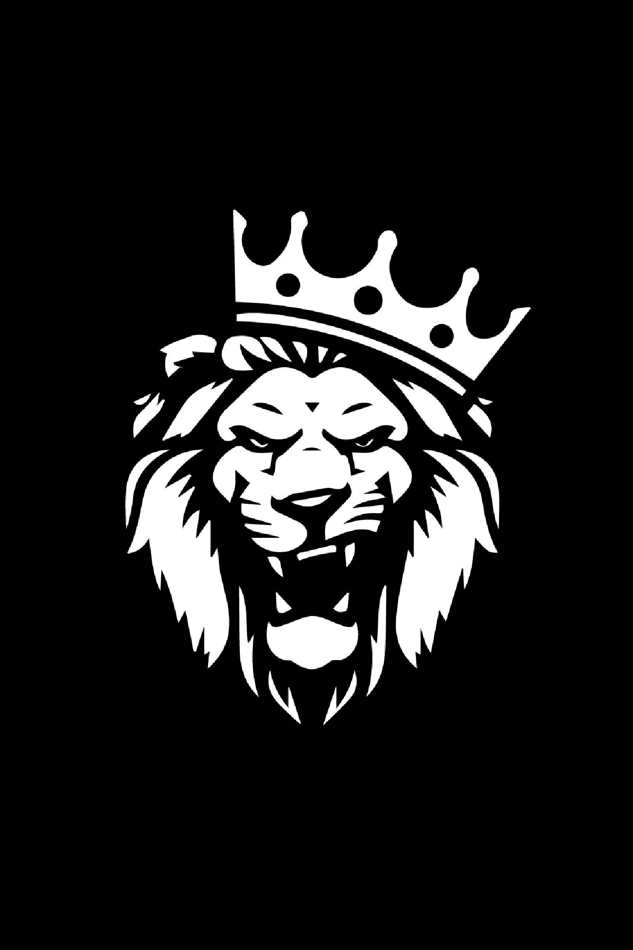 Lion Head 桌布 壁紙 — 一個大膽的白色剪影，描繪一個戴著皇冠的獅子頭，表情兇猛，背景為純黑色。