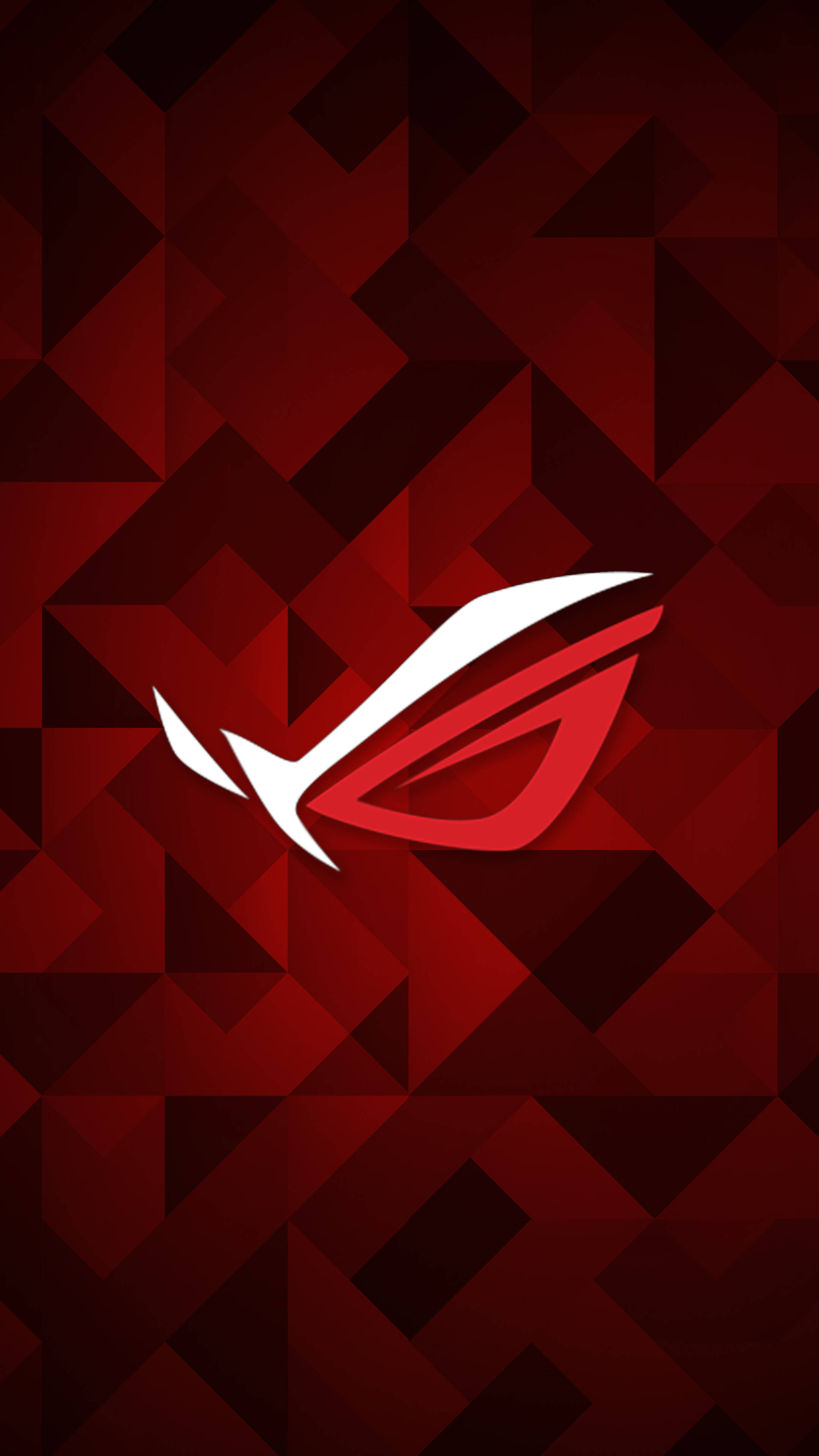 Rog 桌布 壁紙 — 一個大膽的白色和紅色 ROG 標誌居中在深紅色幾何三角形圖案背景上。