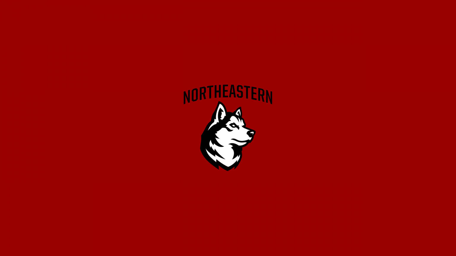 運動 桌布 壁紙 — 一個大膽的白色哈士奇頭標誌，帶有黑色輪廓，'NORTHEASTERN' 文字居中在純深紅色背景上。