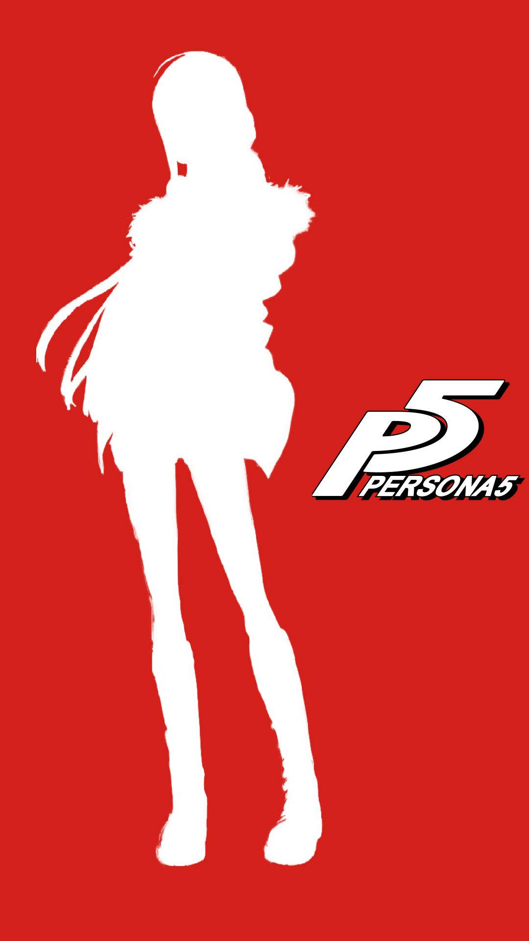 Persona 5 Phone 桌布 壁紙 — 一個大膽的白色女性動漫角色剪影，站在鮮紅色的背景上，帶有 Persona 5 標誌。