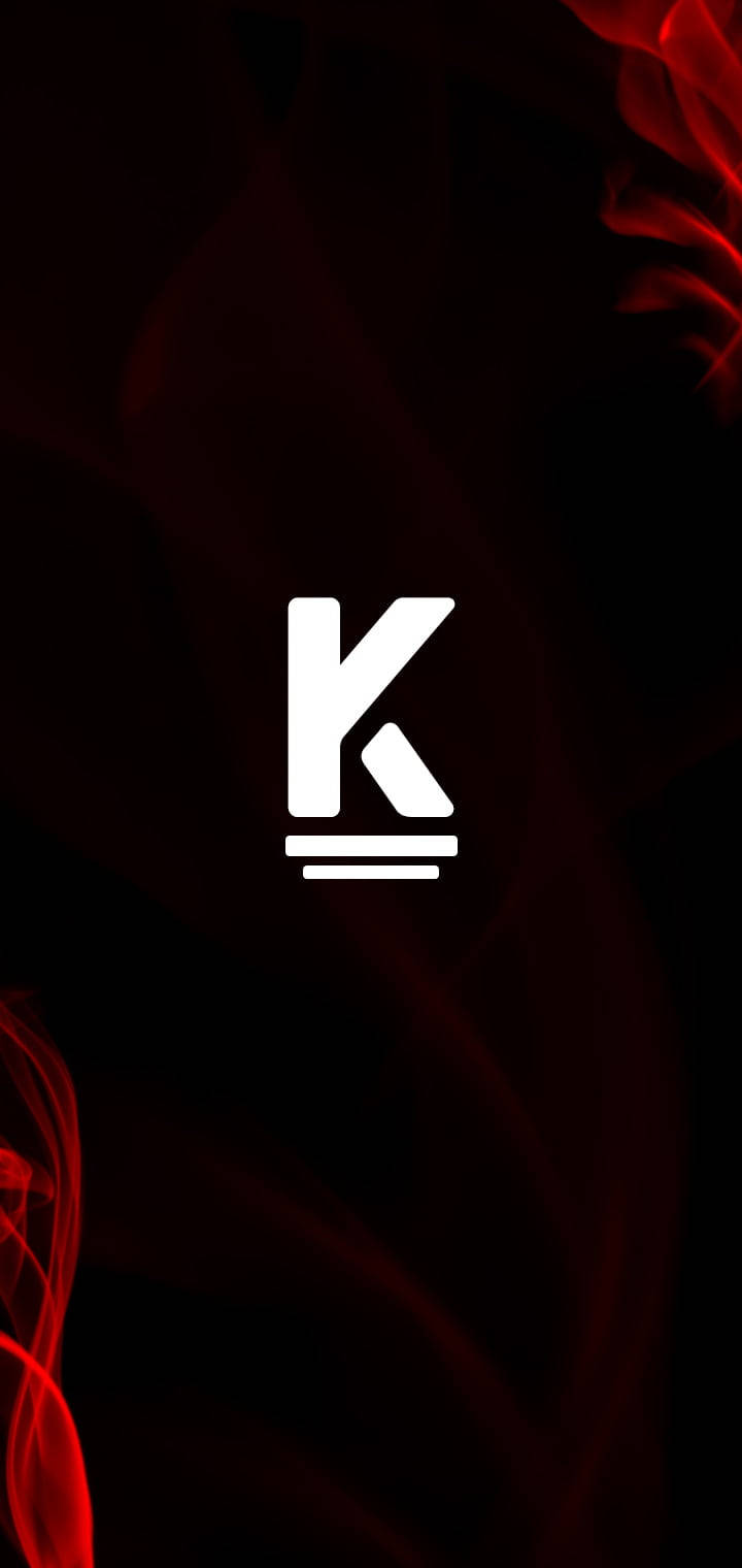 字母動畫 桌布 壁紙 — 一個大膽的白色字母K標誌漂浮在深色背景上，帶有旋轉的紅色煙霧點綴。