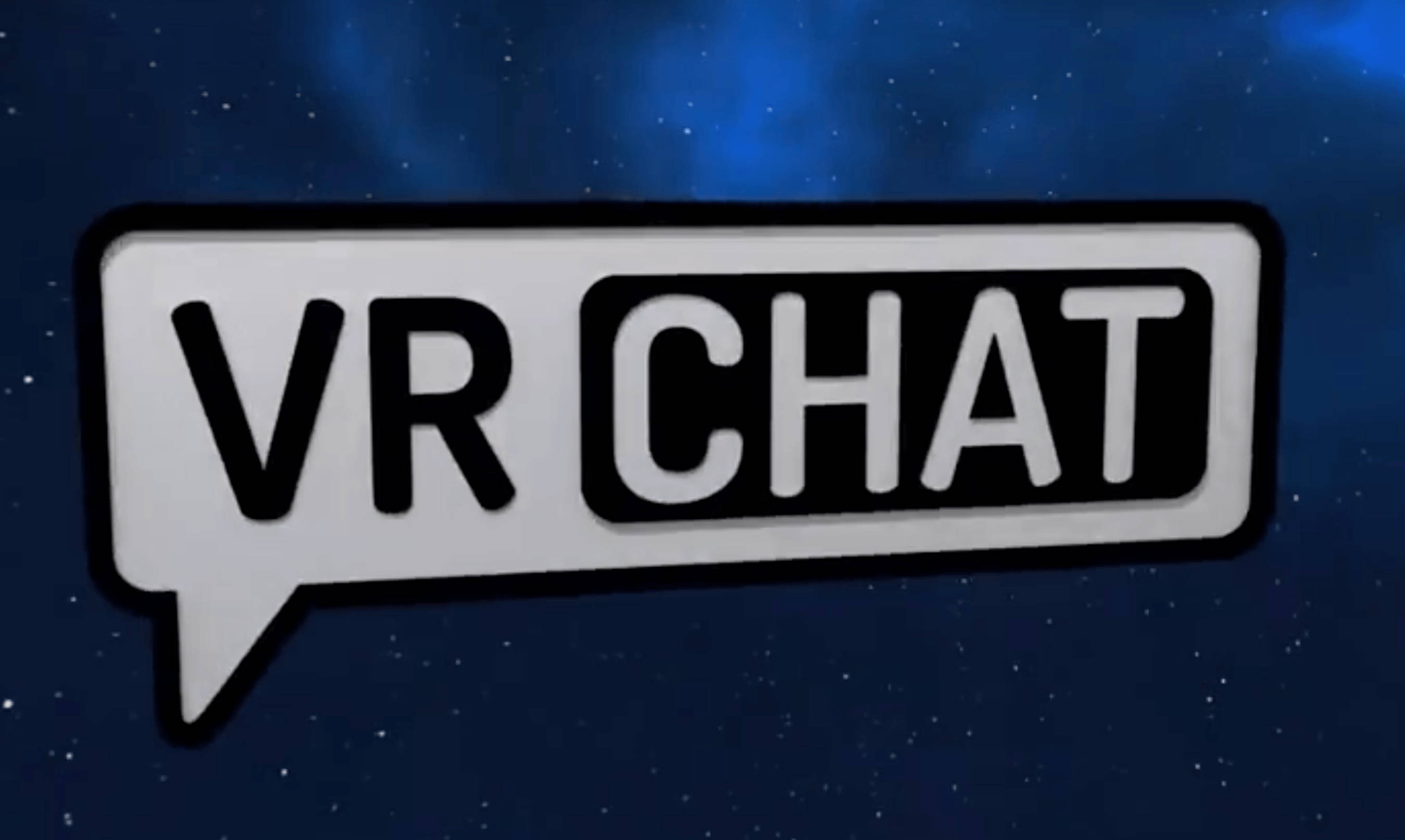 Vrchat 桌布 壁紙 — 一個大膽的白色對話氣泡，帶有黑色 VR CHAT 文字，漂浮在深藍色星空背景上。