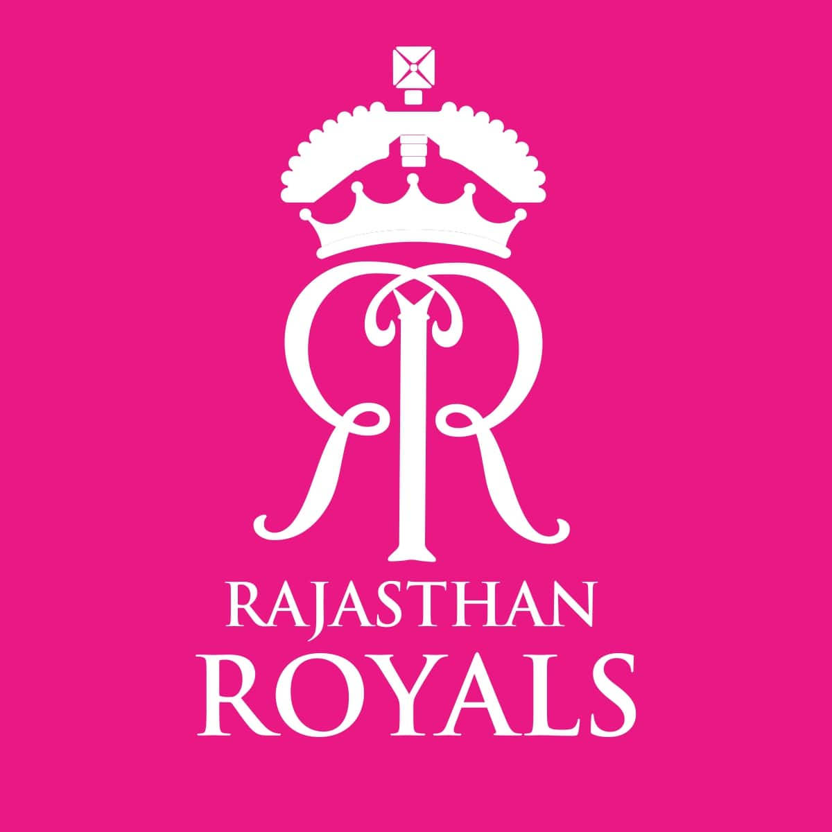Rajasthan 桌布 壁紙 — 一個大膽的白色拉賈斯坦皇家隊標誌，帶有皇冠和交織的字母，位於充滿活力的粉紅色背景上。