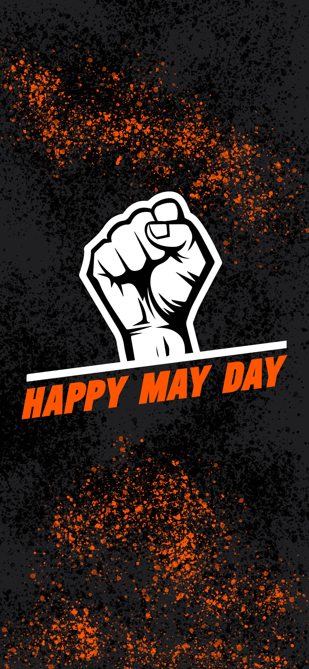 五月天 桌布 壁紙 — 一個大膽的白色拳頭在帶有橙色粒子和「HAPPY MAY DAY」文字的黑色潑濺背景上崛起。