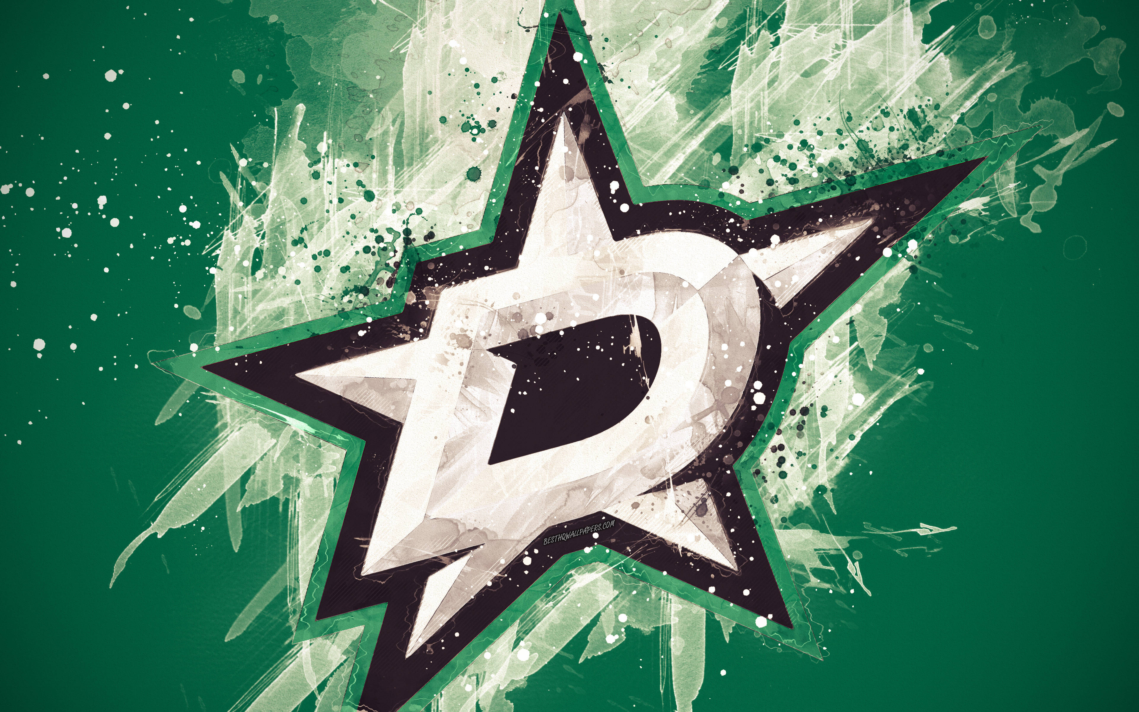 Dallas Stars 桌布 壁紙 — 一個大膽的白色星星，帶有黑色輪廓和內部風格化的D，在帶有飛濺效果的紋理綠色背景上爆發。