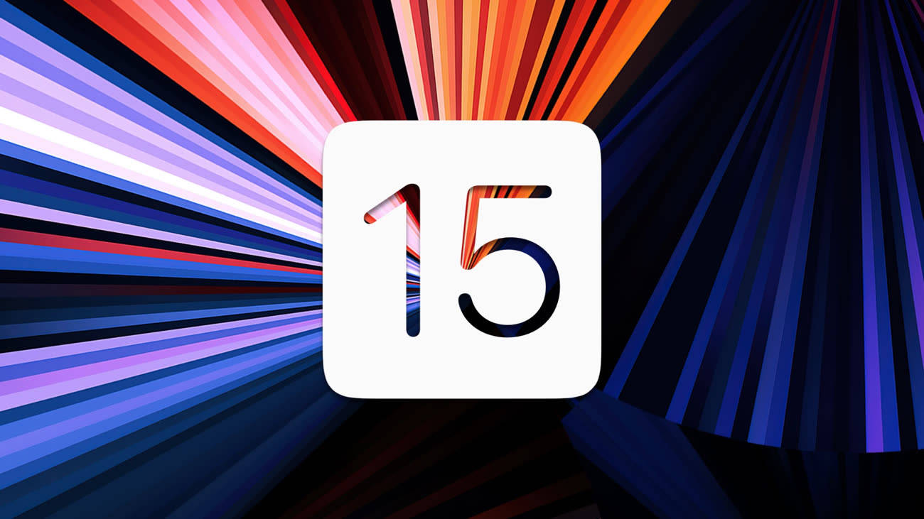 iOS 15 桌布 壁紙 — 一個大膽的白色正方形，中央有數字 15，背景是充滿活力的放射狀彩色條紋。