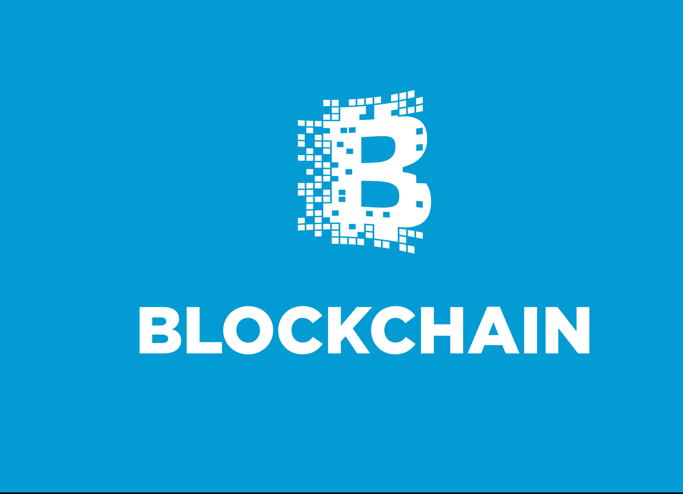 Blockchain 桌布 壁紙 — 一個大膽的白色比特幣符號和區塊鏈一詞在純藍色背景上脫穎而出。