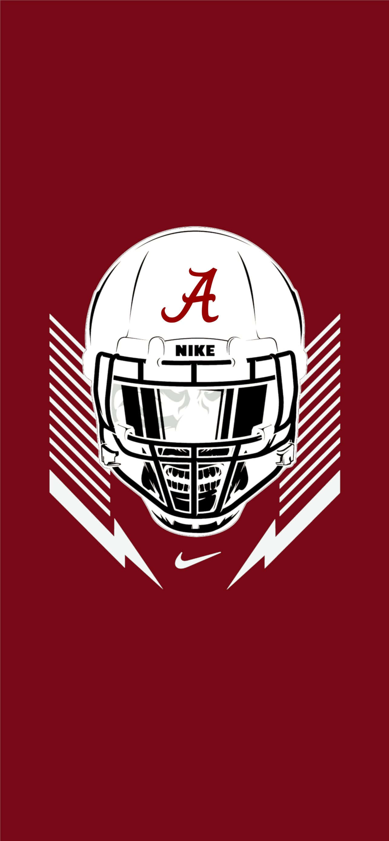 Alabama Football iPhone 桌布 壁紙 — 一個大膽的白色美式足球頭盔，中央有紅色 'A' 標誌，位於深紅色背景上，帶有白色閃電圖案。