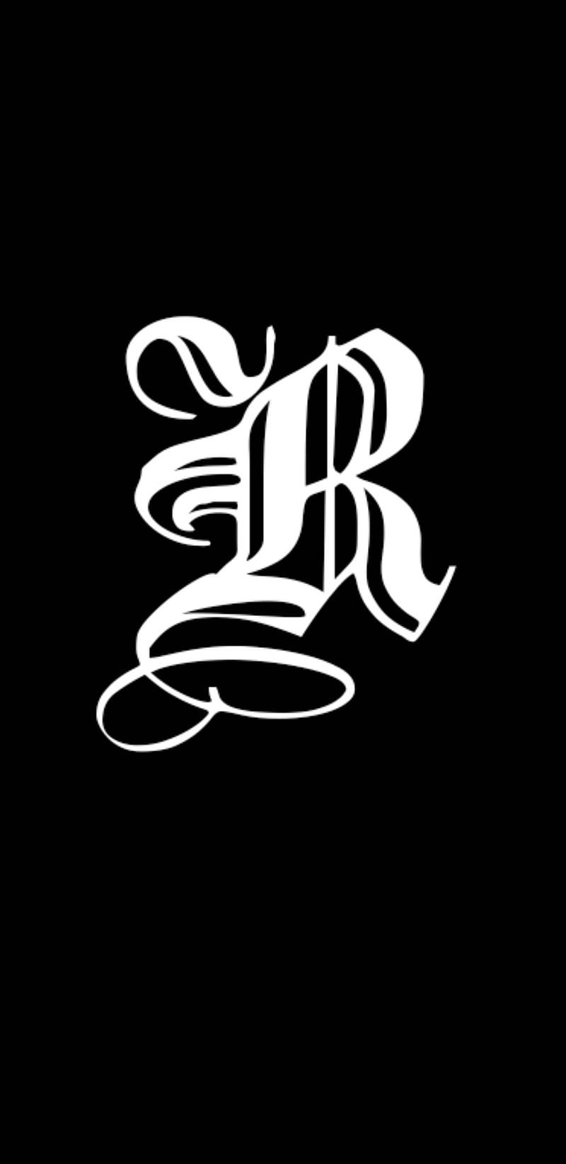 R 桌布 壁紙 — 一個大膽的白色華麗字母R居中對齊在純黑色背景上。